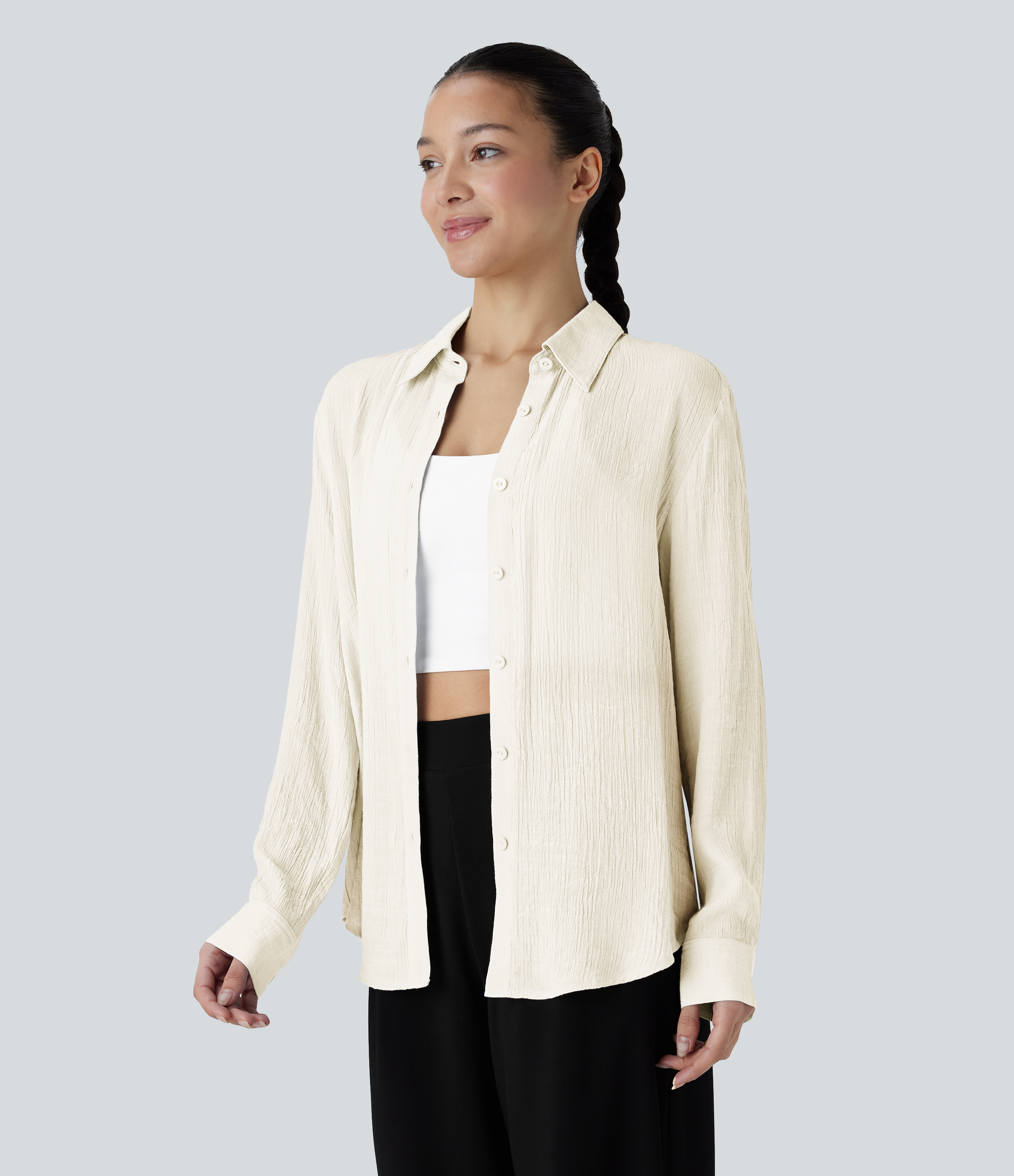 Halara Collared Button Long Sleeve Curved Hem Work Shirt  - Rutabaga - L 