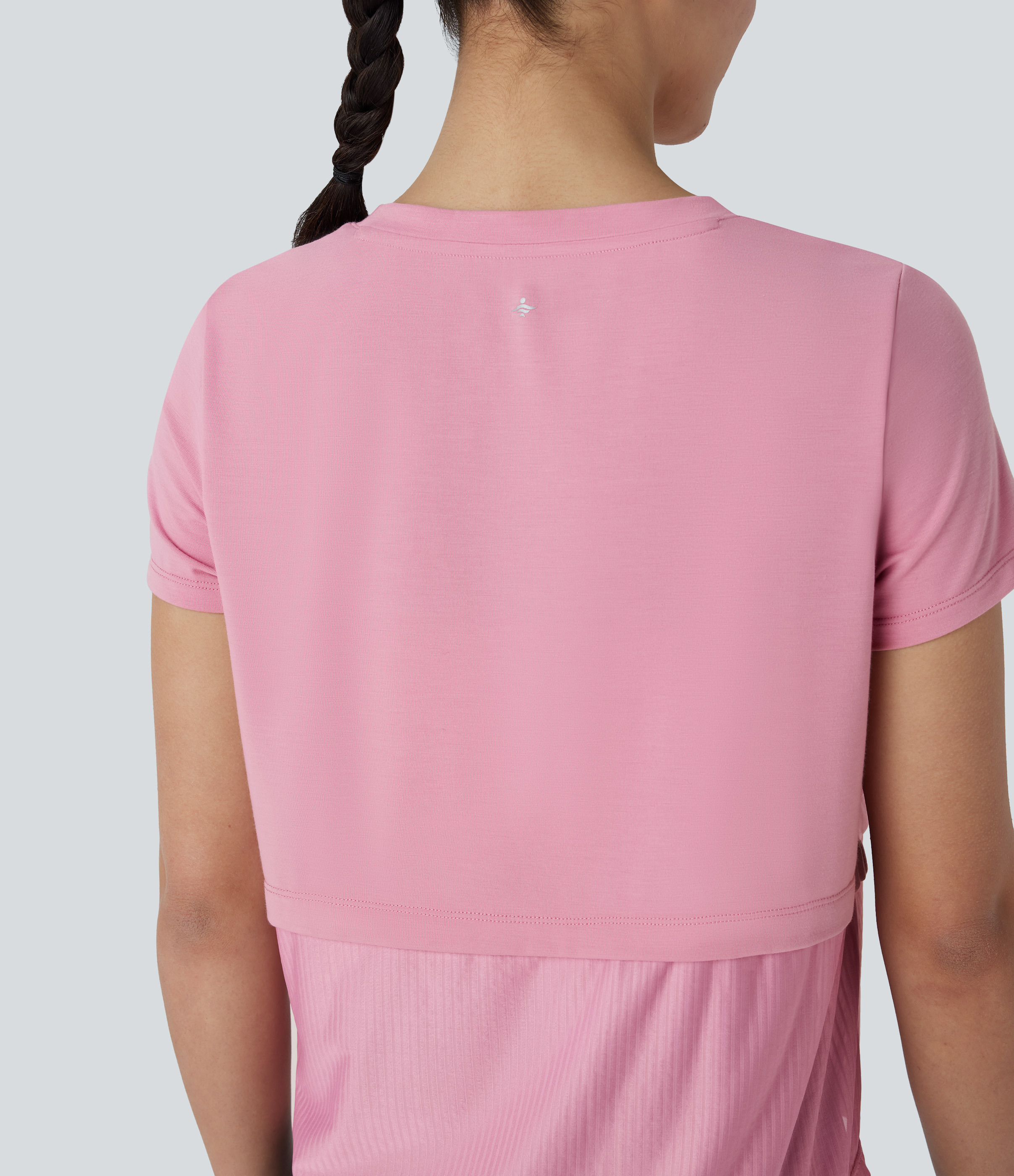 Halara Round Neck Short Sleeve Patchwork Quick Dry Running Sports Top  - Soft Berry - S 