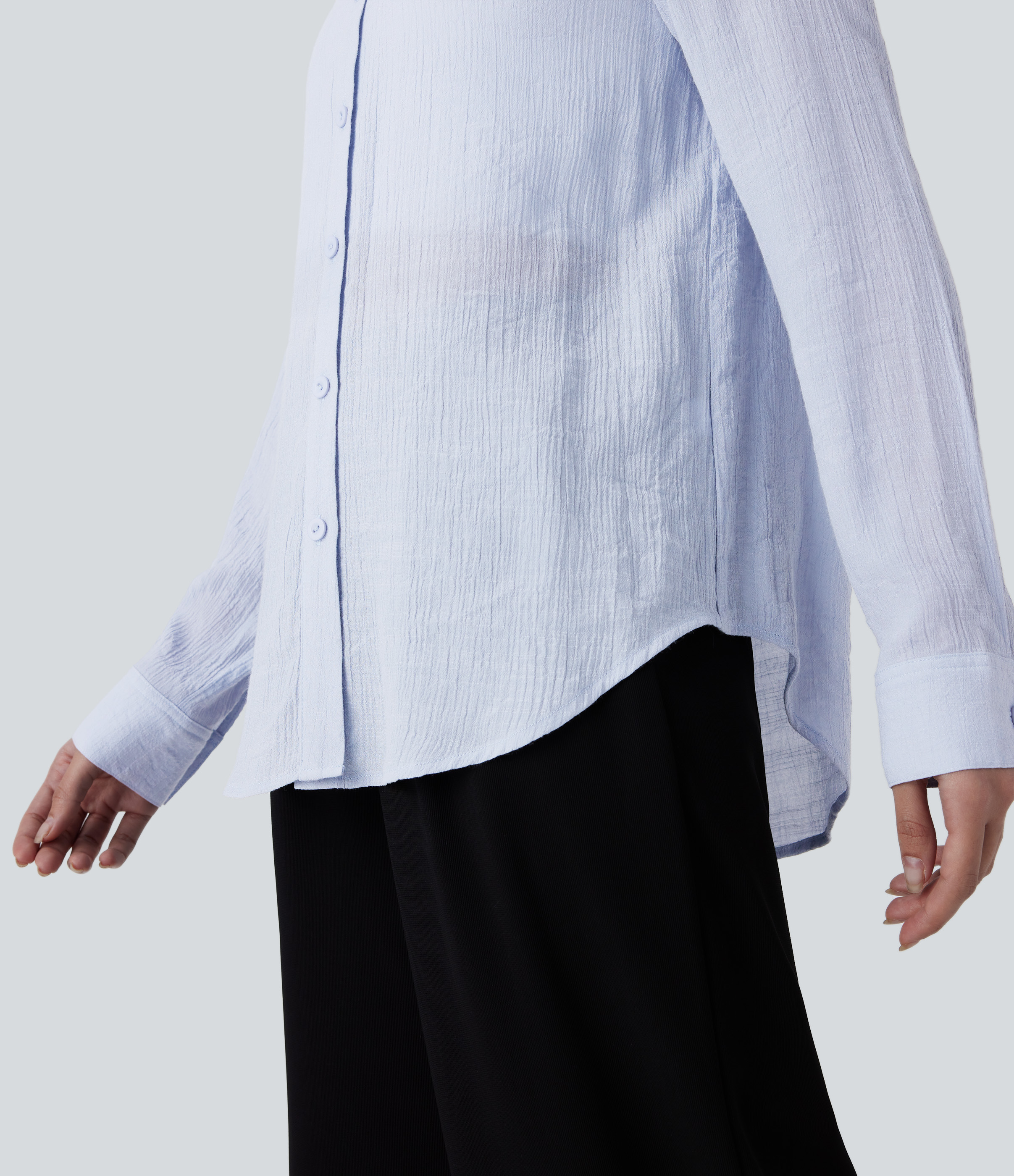 Halara Collared Button Long Sleeve Curved Hem Work Shirt  - Arctic Ice - XS 