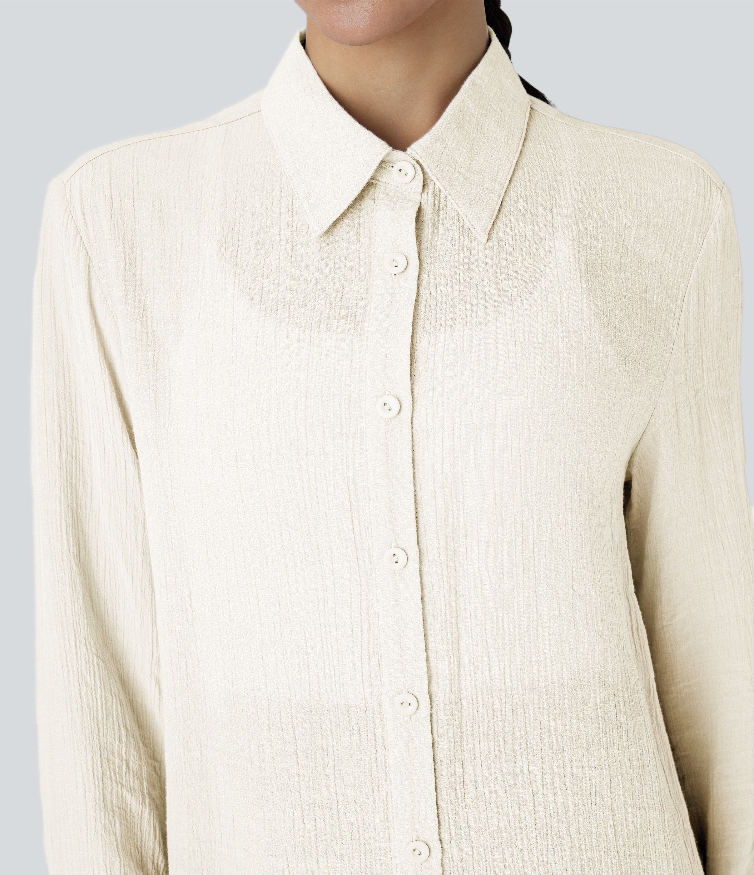 Halara Collared Button Long Sleeve Curved Hem Work Shirt  - Rutabaga - L 