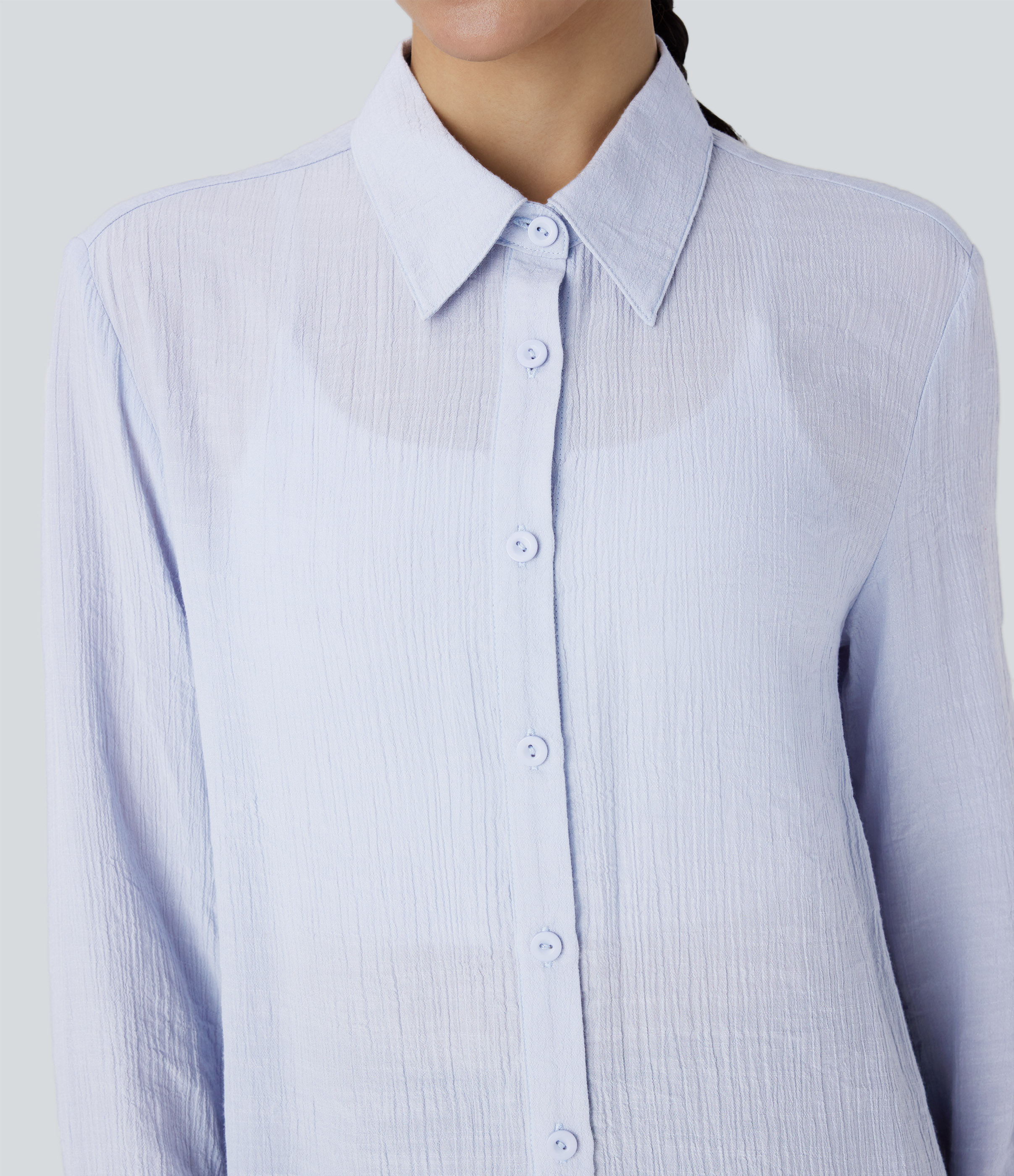 Halara Collared Button Long Sleeve Curved Hem Work Shirt  - Arctic Ice - XS 