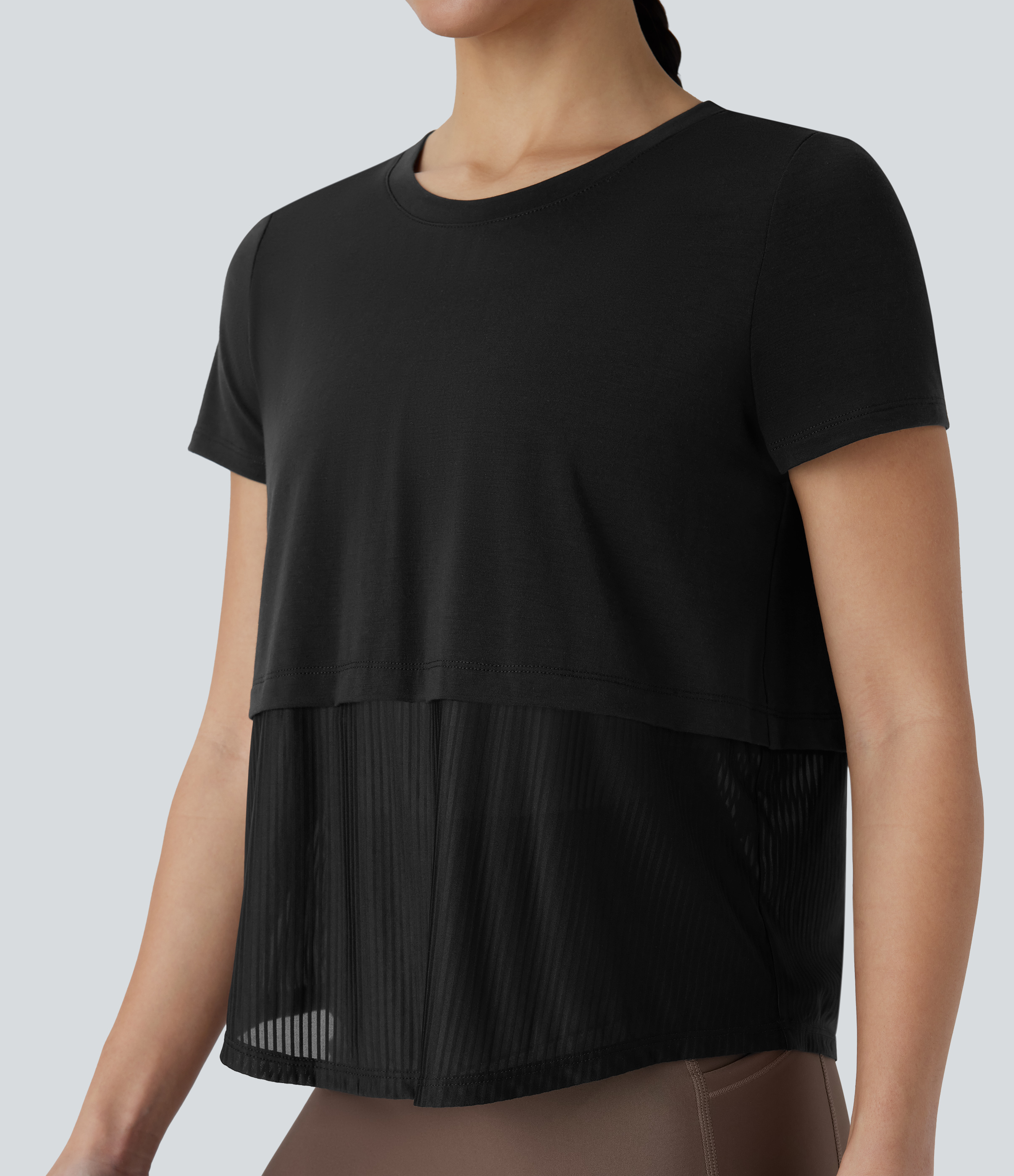 Halara Round Neck Short Sleeve Patchwork Quick Dry Running Sports Top  - Black - L 