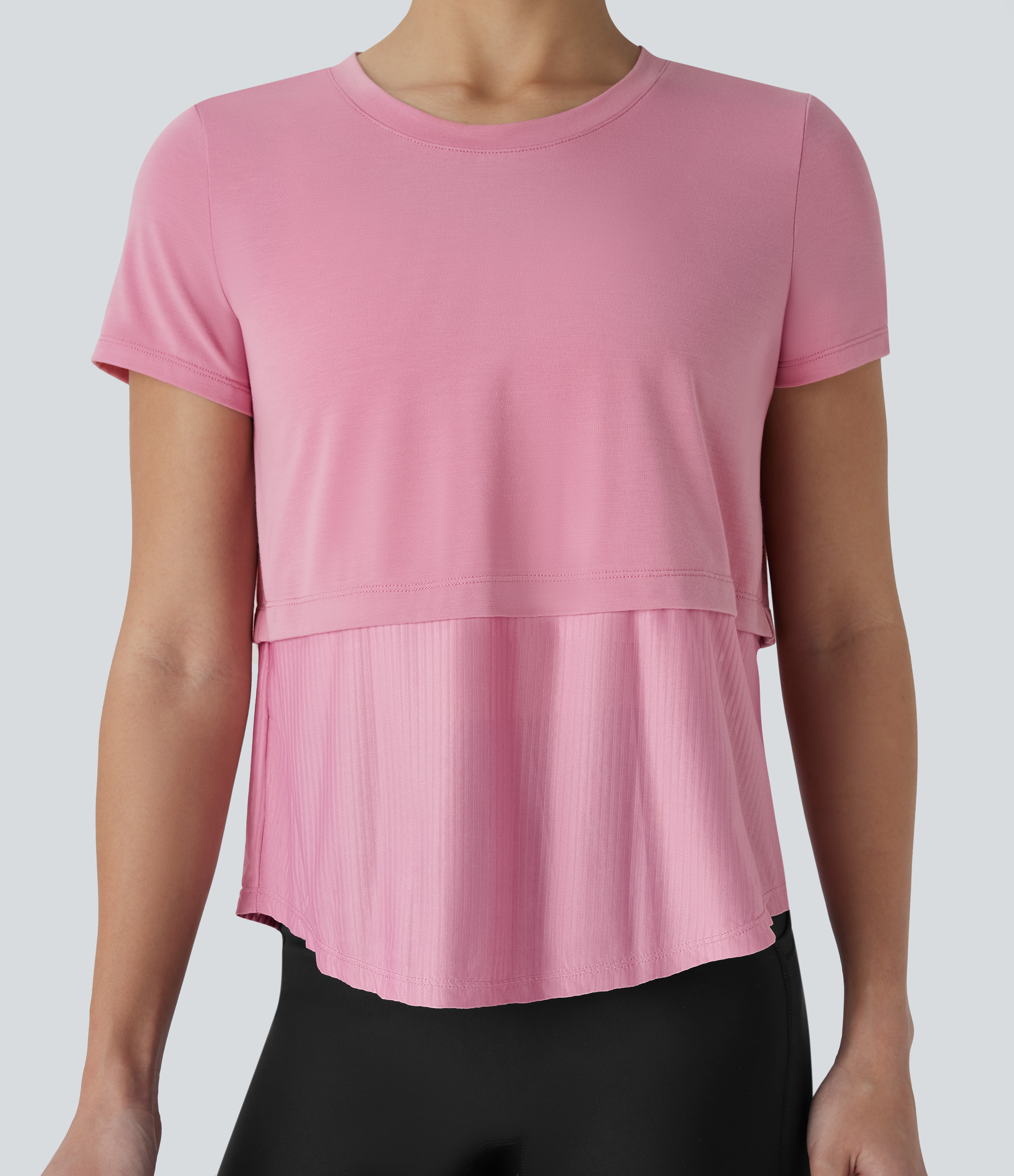 Halara Round Neck Short Sleeve Patchwork Quick Dry Running Sports Top  - Soft Berry - S 