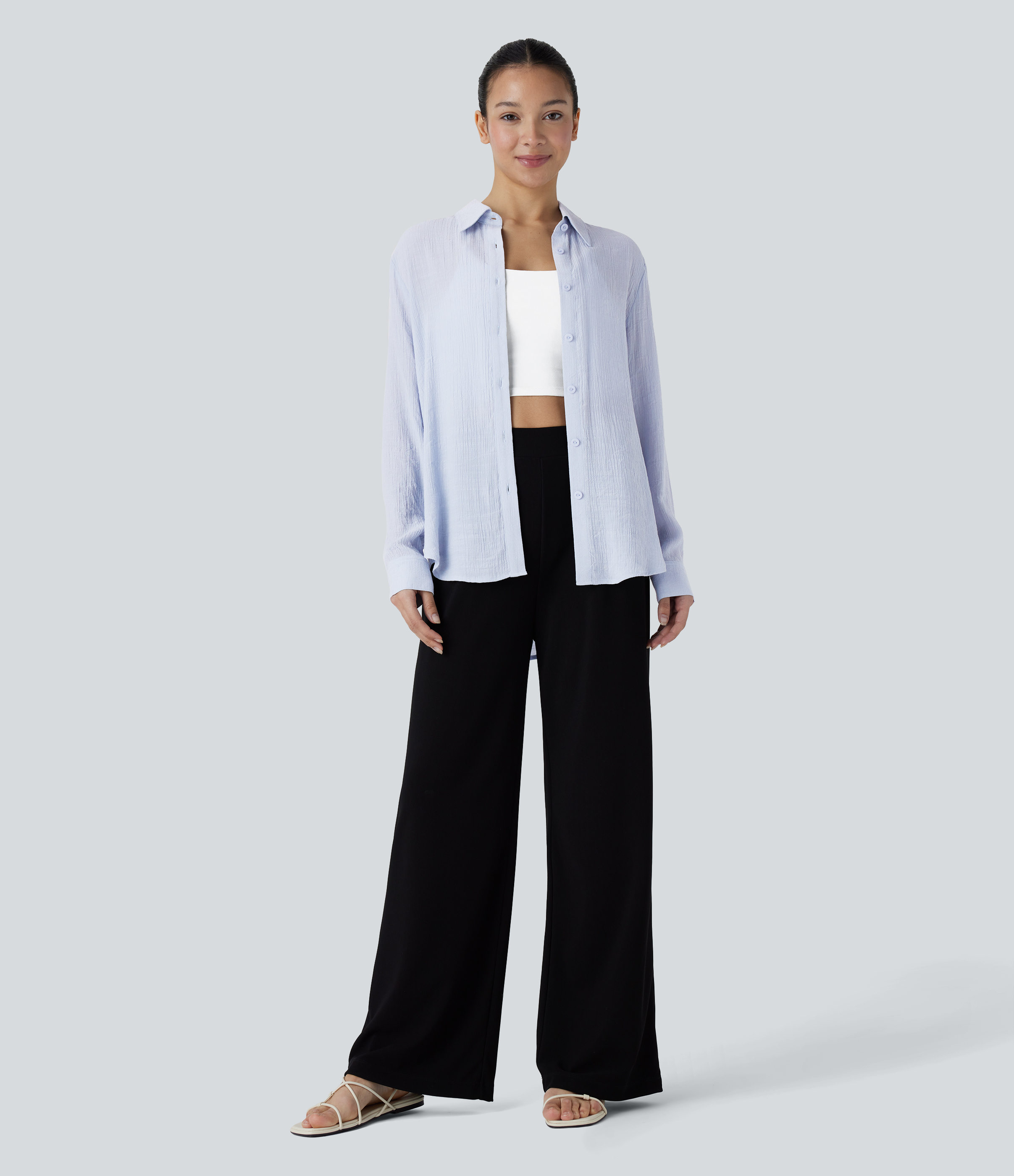 Halara Collared Button Long Sleeve Curved Hem Work Shirt  - Arctic Ice - XS 