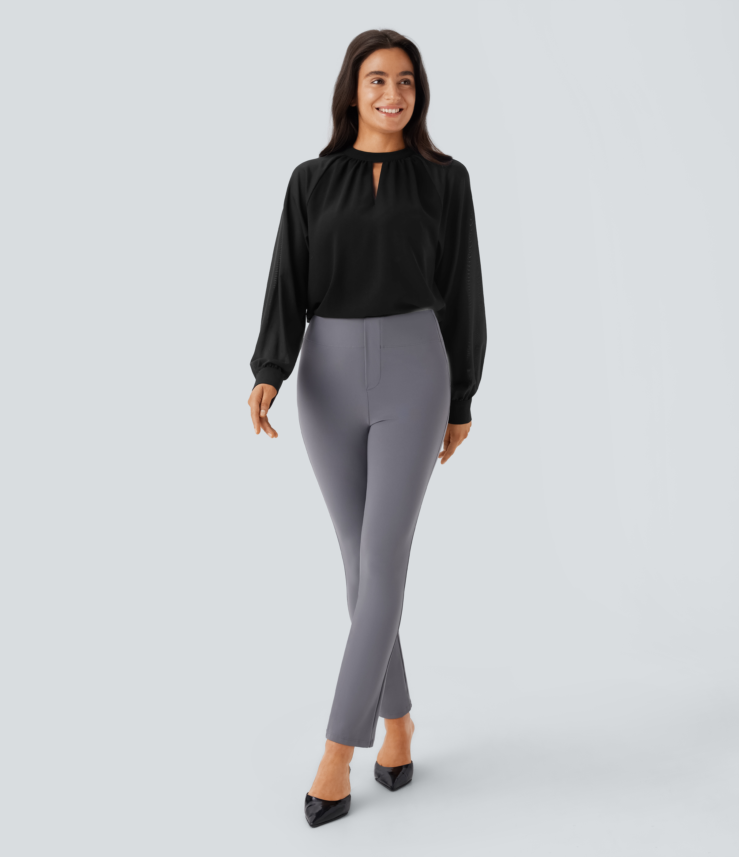 Halara Stand Collar Keyhole Back Contrast Mesh Raglan Sleeve Work Blouse  - Black - XL 