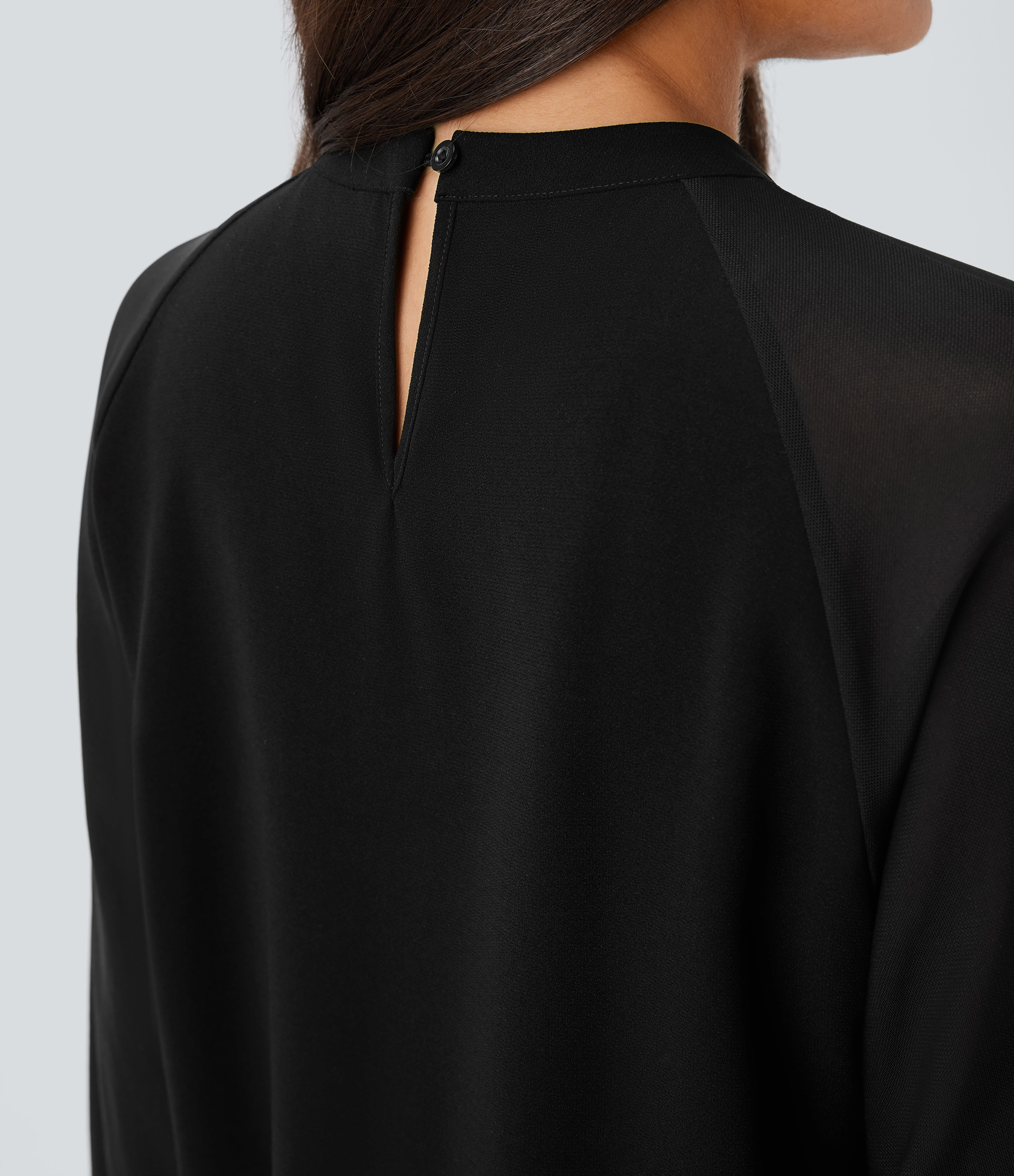Halara Stand Collar Keyhole Back Contrast Mesh Raglan Sleeve Work Blouse  - Black - XL 