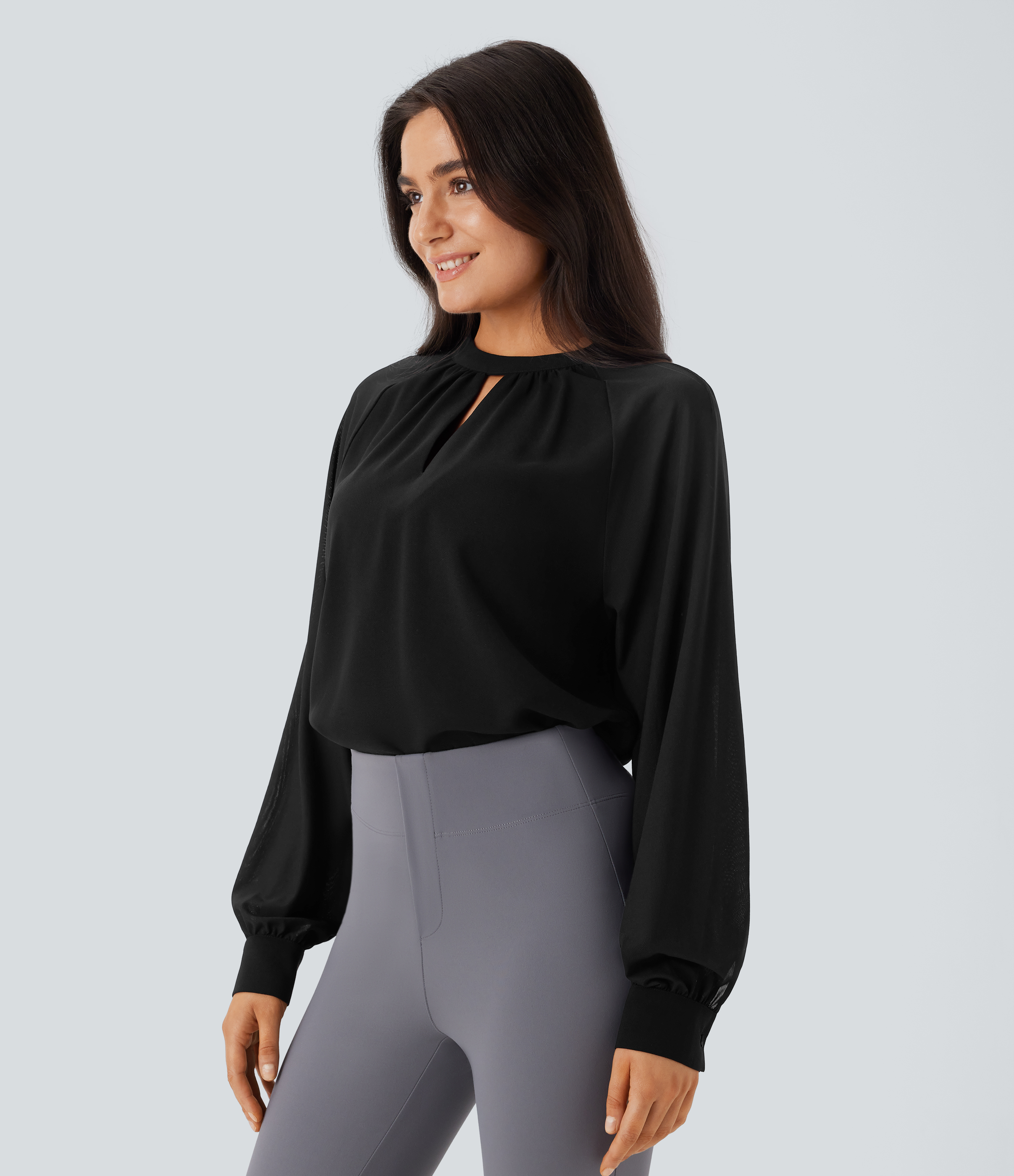 Halara Stand Collar Keyhole Back Contrast Mesh Raglan Sleeve Work Blouse  - Black - XL 