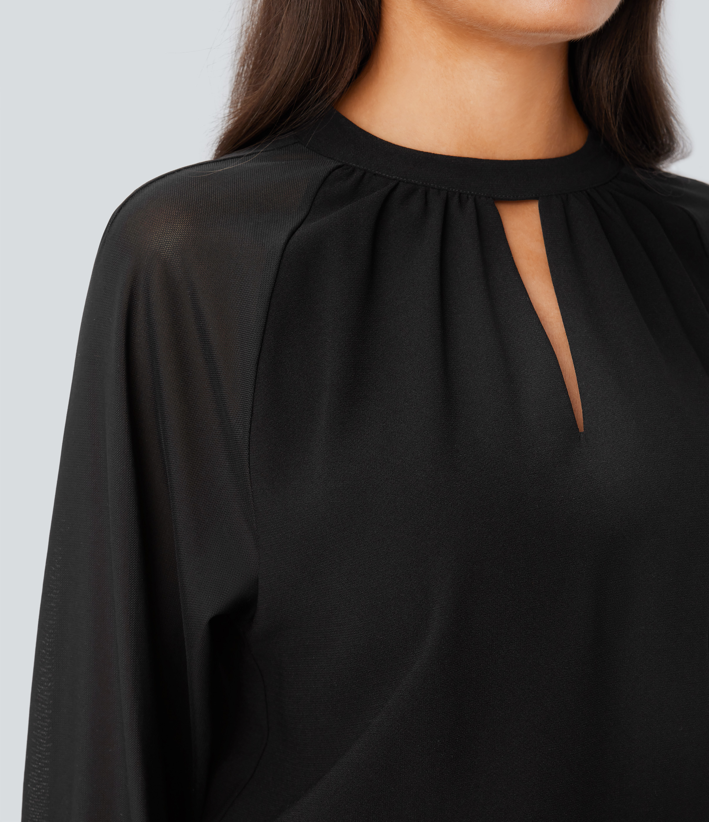 Halara Stand Collar Keyhole Back Contrast Mesh Raglan Sleeve Work Blouse  - Black - XL 