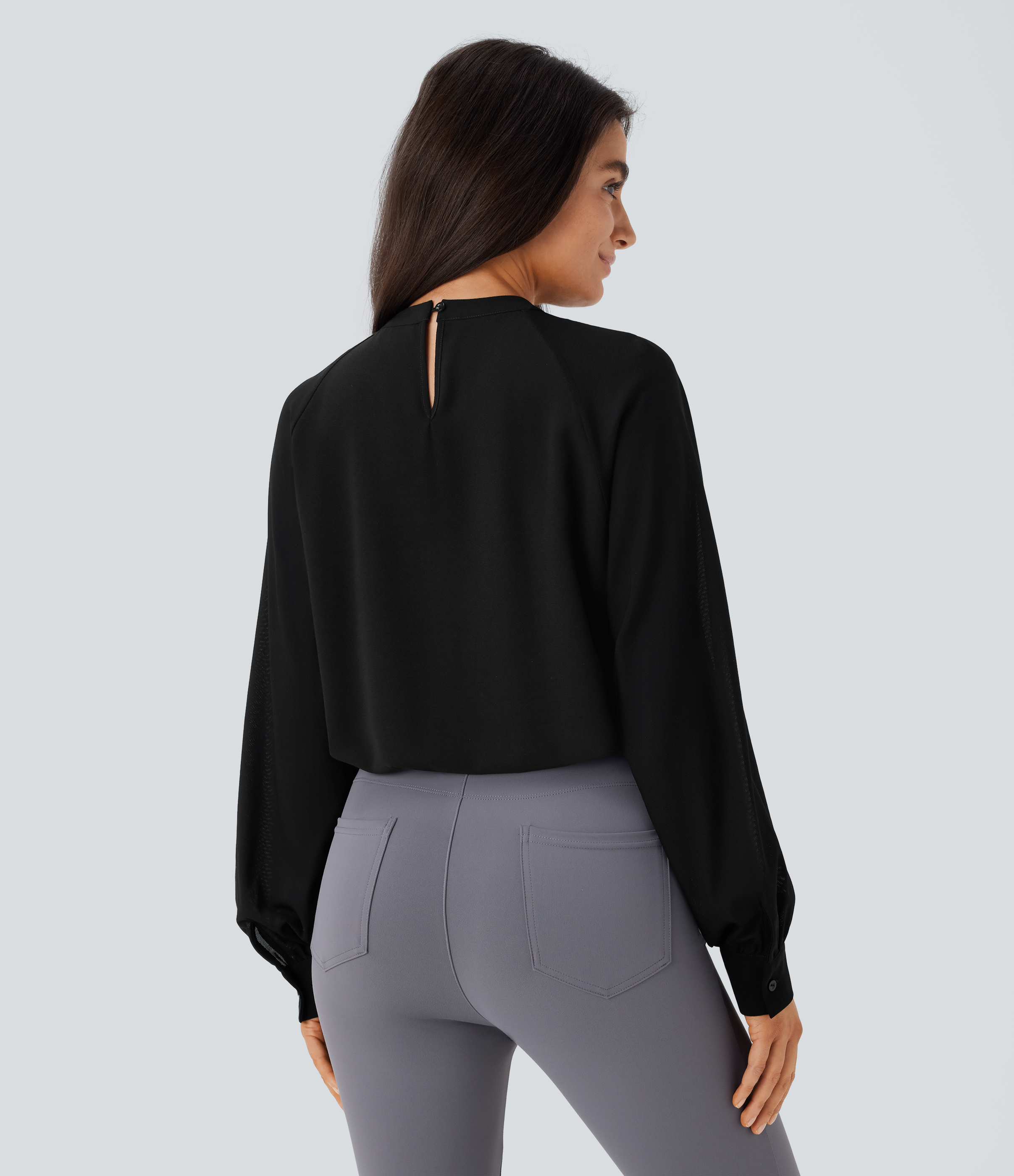 Halara Stand Collar Keyhole Back Contrast Mesh Raglan Sleeve Work Blouse  - Black - XL 