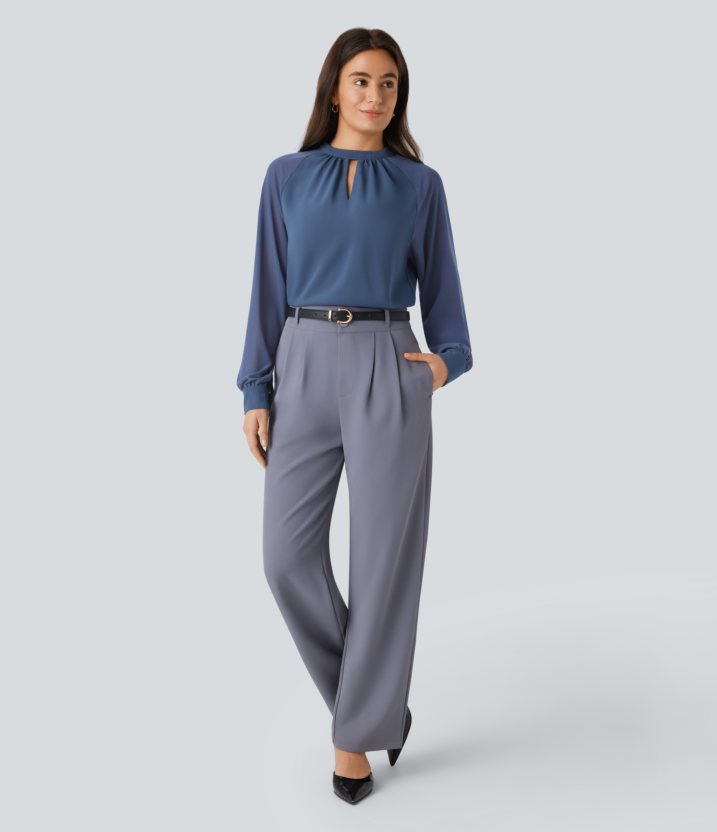 Halara Stand Collar Keyhole Back Contrast Mesh Raglan Sleeve Work Blouse  - Starry Blue - XL 