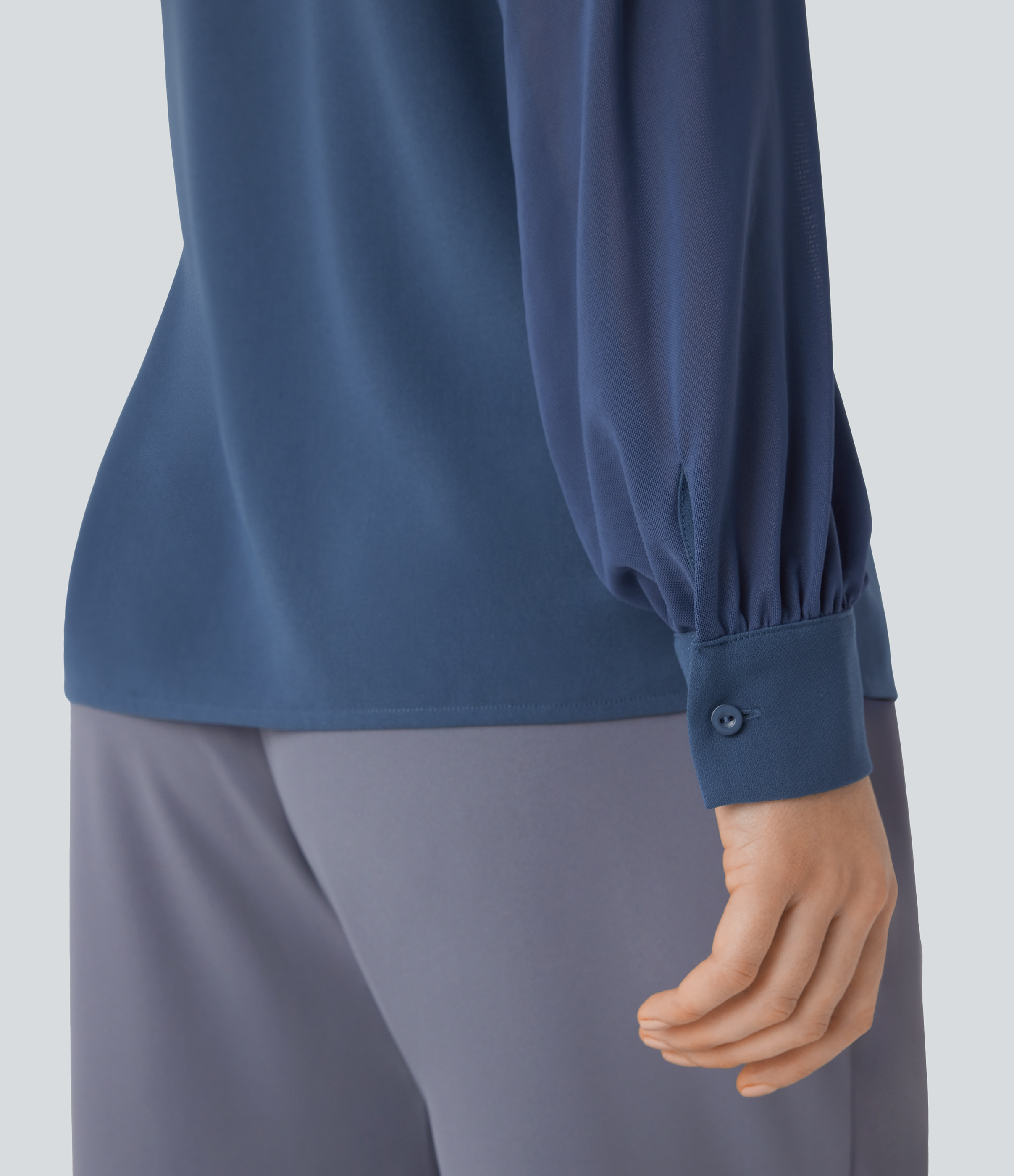 Halara Stand Collar Keyhole Back Contrast Mesh Raglan Sleeve Work Blouse  - Starry Blue - XL 