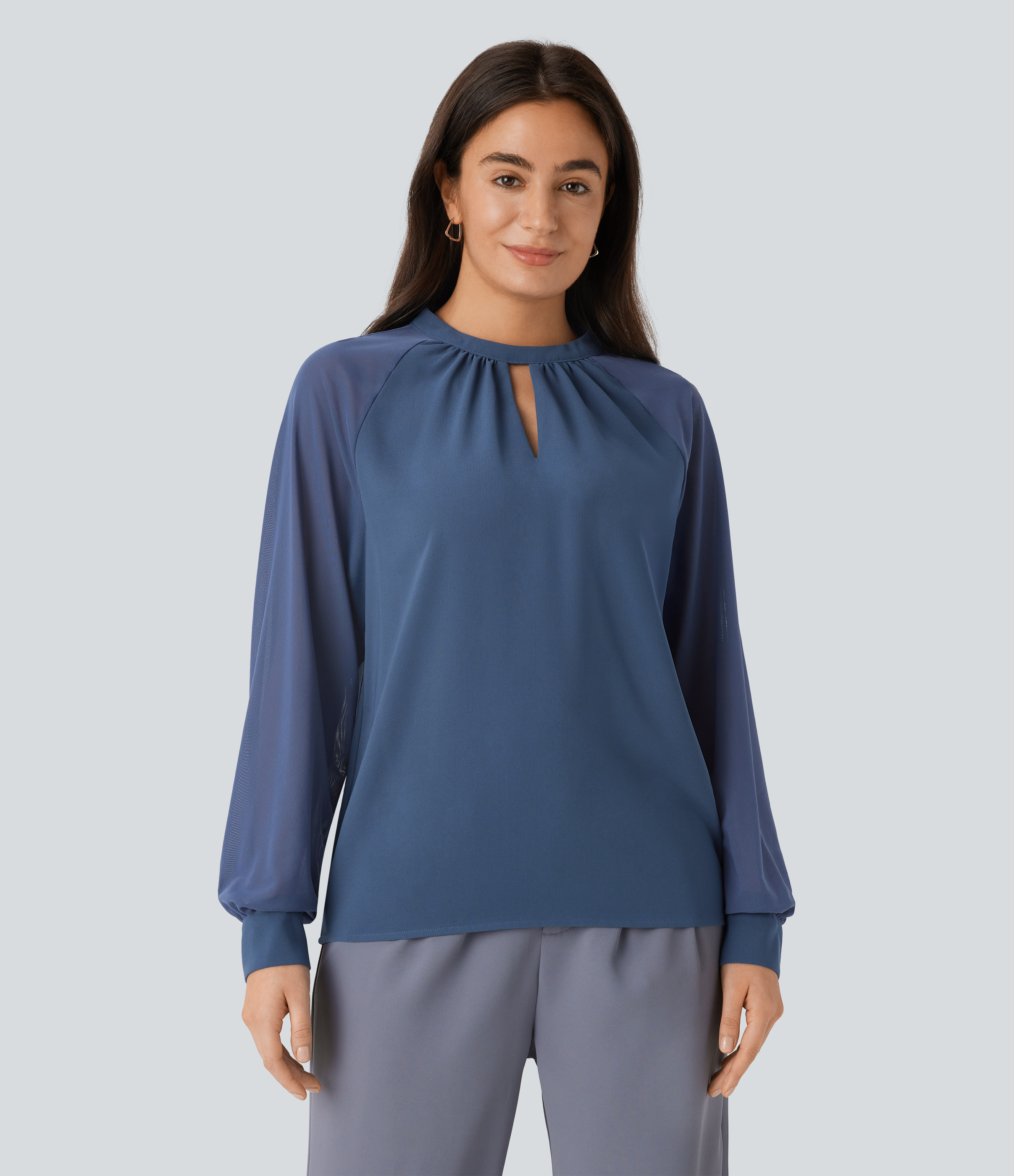 Halara Stand Collar Keyhole Back Contrast Mesh Raglan Sleeve Work Blouse  - Starry Blue - XL 