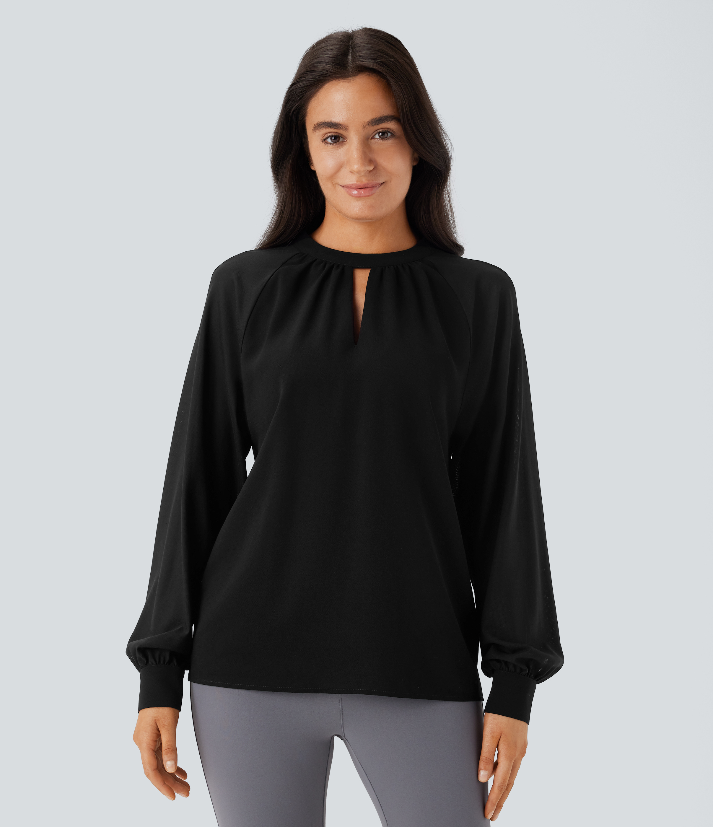 Halara Stand Collar Keyhole Back Contrast Mesh Raglan Sleeve Work Blouse  - Black - XL 