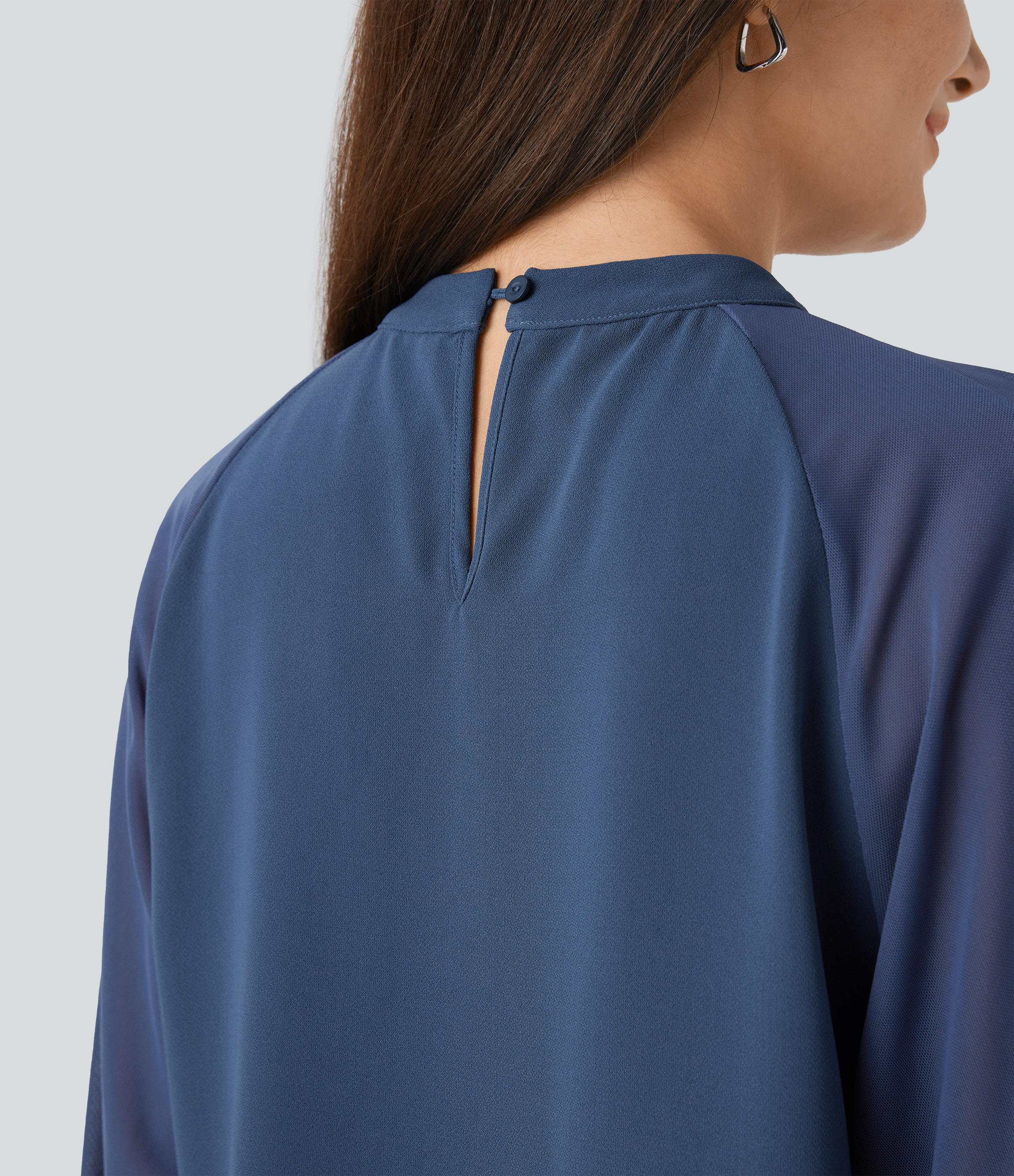 Halara Stand Collar Keyhole Back Contrast Mesh Raglan Sleeve Work Blouse  - Starry Blue - XL 
