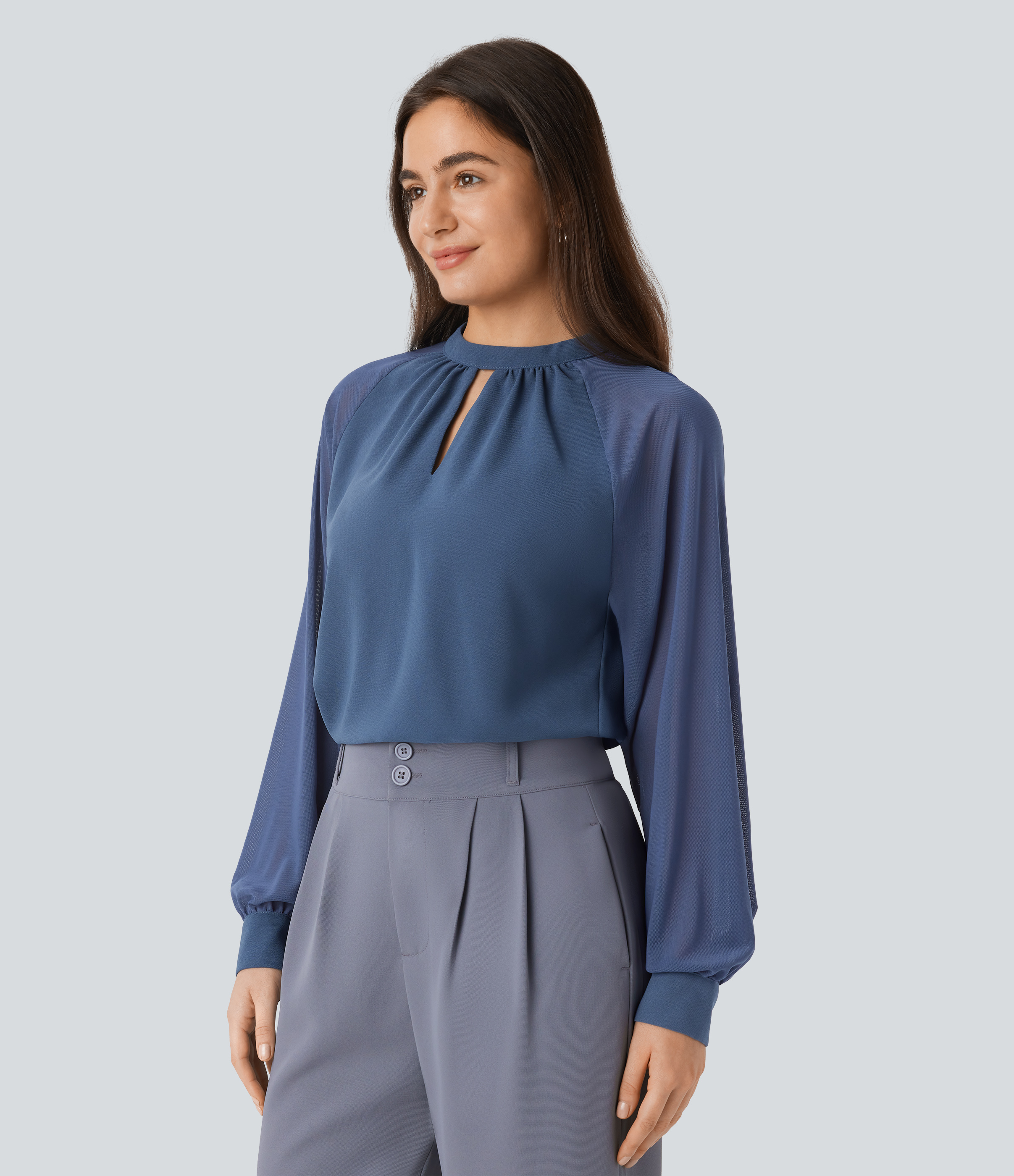 Halara Stand Collar Keyhole Back Contrast Mesh Raglan Sleeve Work Blouse  - Starry Blue - XL 