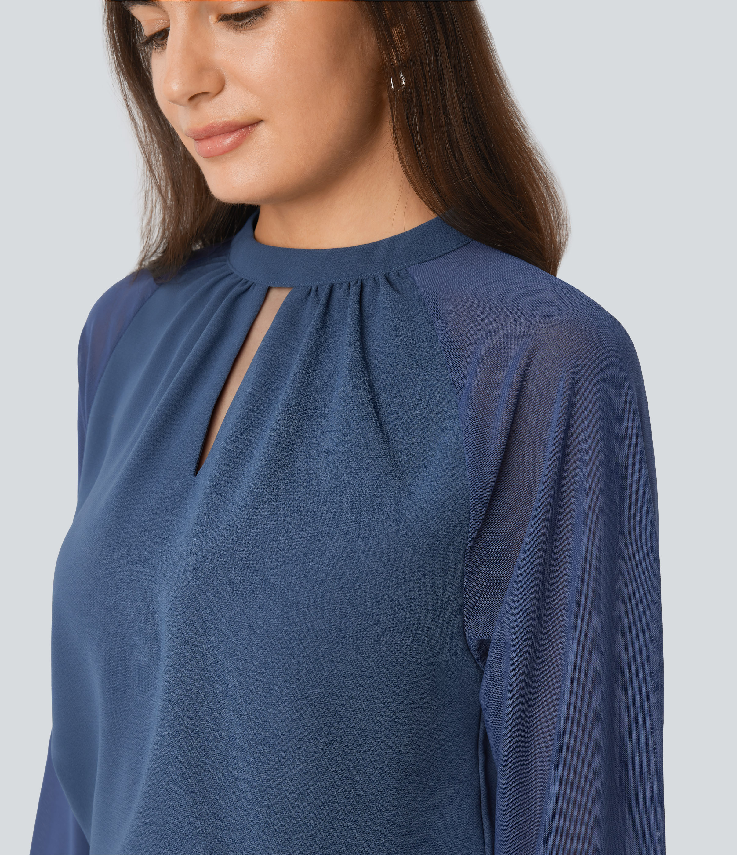 Halara Stand Collar Keyhole Back Contrast Mesh Raglan Sleeve Work Blouse  - Starry Blue - XL 