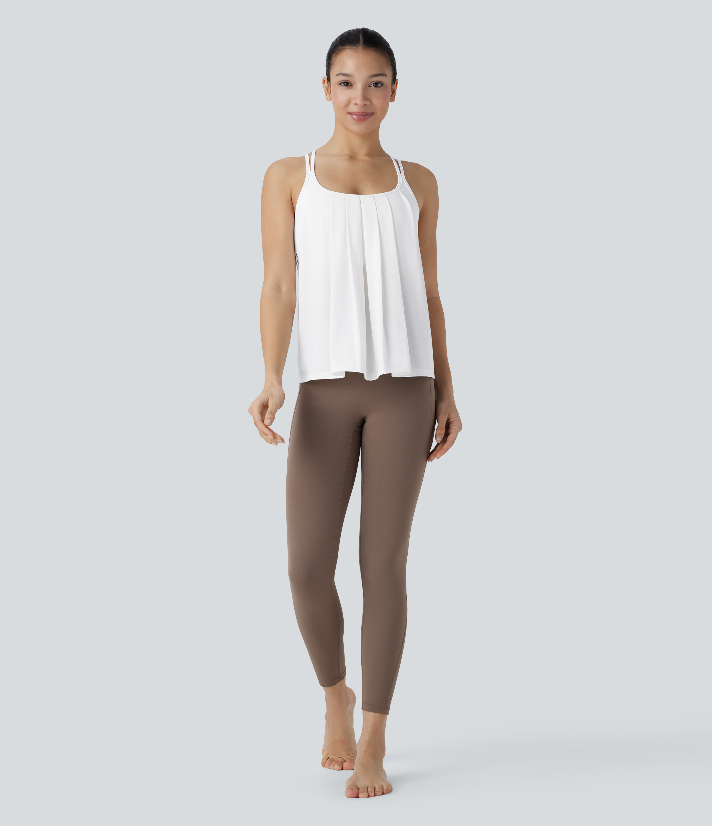 Halara Crisscross Backless Double Straps Pleated Quick Dry Yoga Cami Top Tank Top - White - XL golf tops halter top tunic tops 