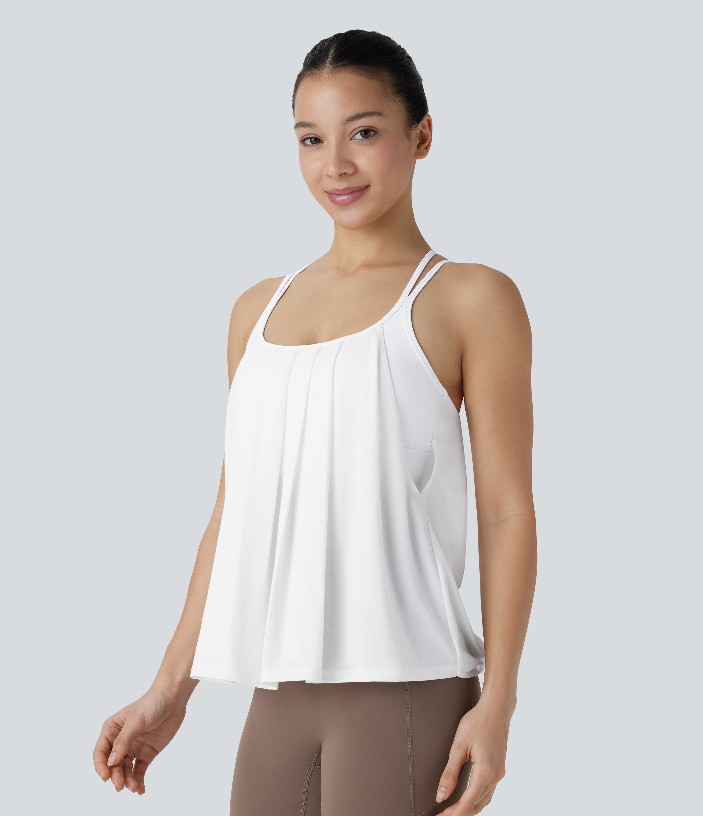Halara Crisscross Backless Double Straps Pleated Quick Dry Yoga Cami Top Tank Top - White - XL golf tops halter top tunic tops 