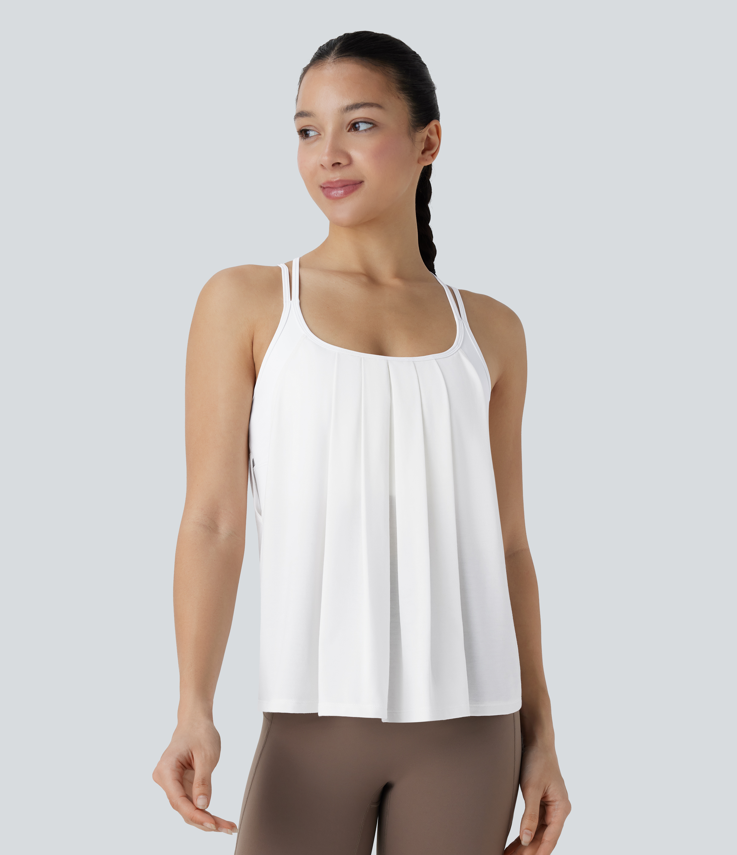 Halara Crisscross Backless Double Straps Pleated Quick Dry Yoga Cami Top Tank Top - White - XL golf tops halter top tunic tops 