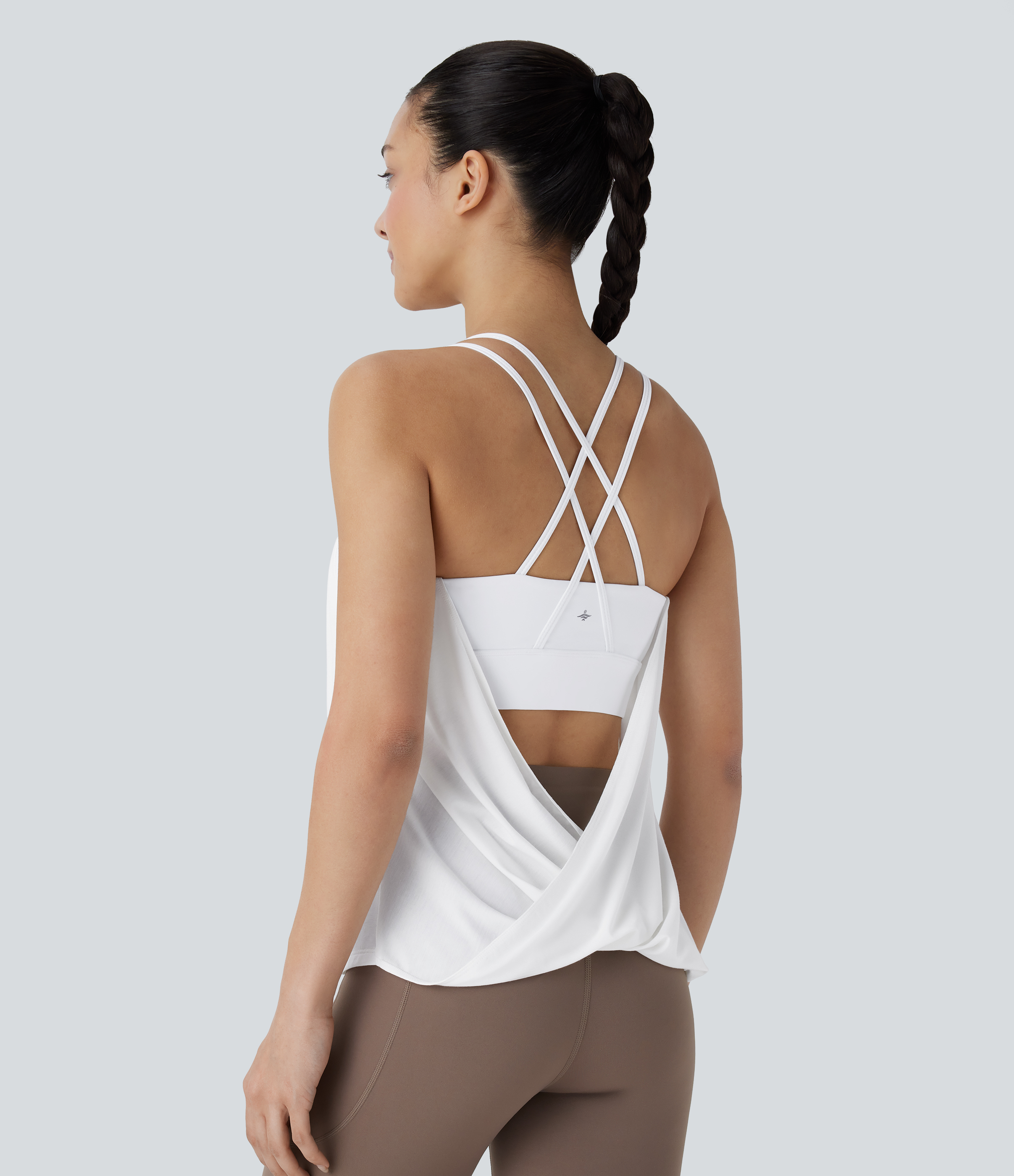 Halara Crisscross Backless Double Straps Pleated Quick Dry Yoga Cami Top Tank Top - White - XL golf tops halter top tunic tops 