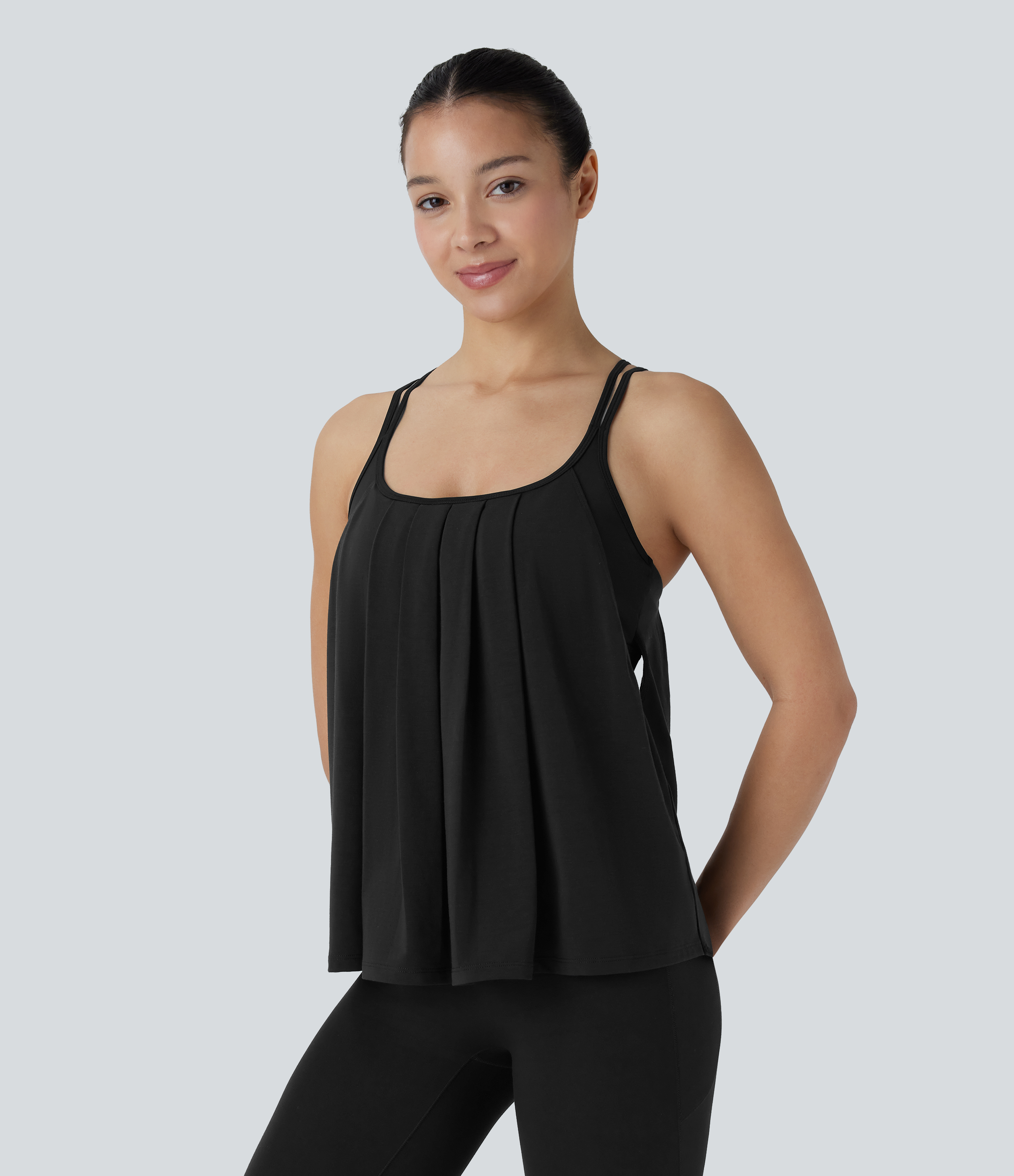 Halara Crisscross Backless Double Straps Pleated Quick Dry Yoga Cami Top Tank Top - Black - M golf tops halter top tunic tops sleeveless tops 