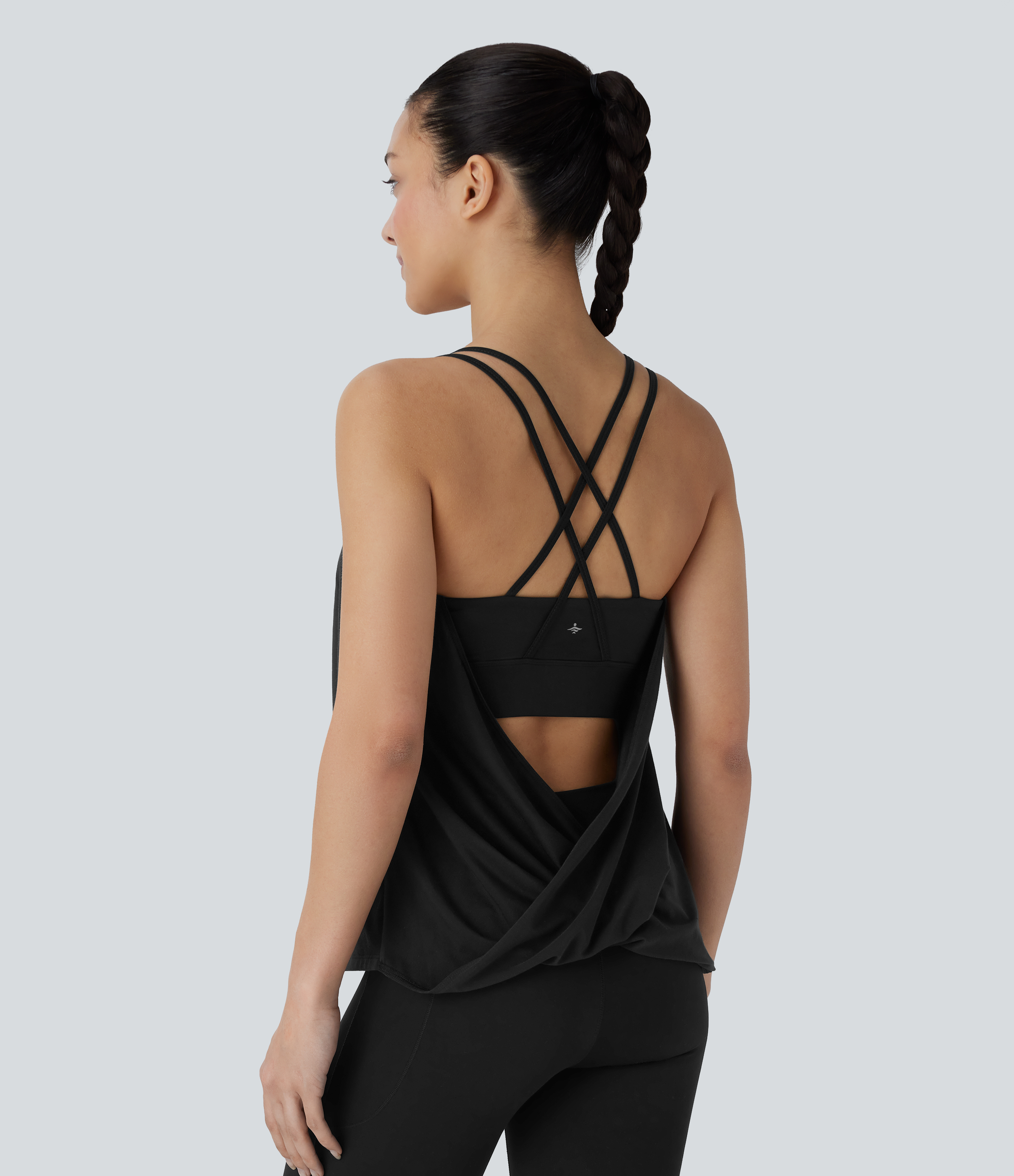 Halara Crisscross Backless Double Straps Pleated Quick Dry Yoga Cami Top Tank Top - Black - M golf tops halter top tunic tops sleeveless tops 