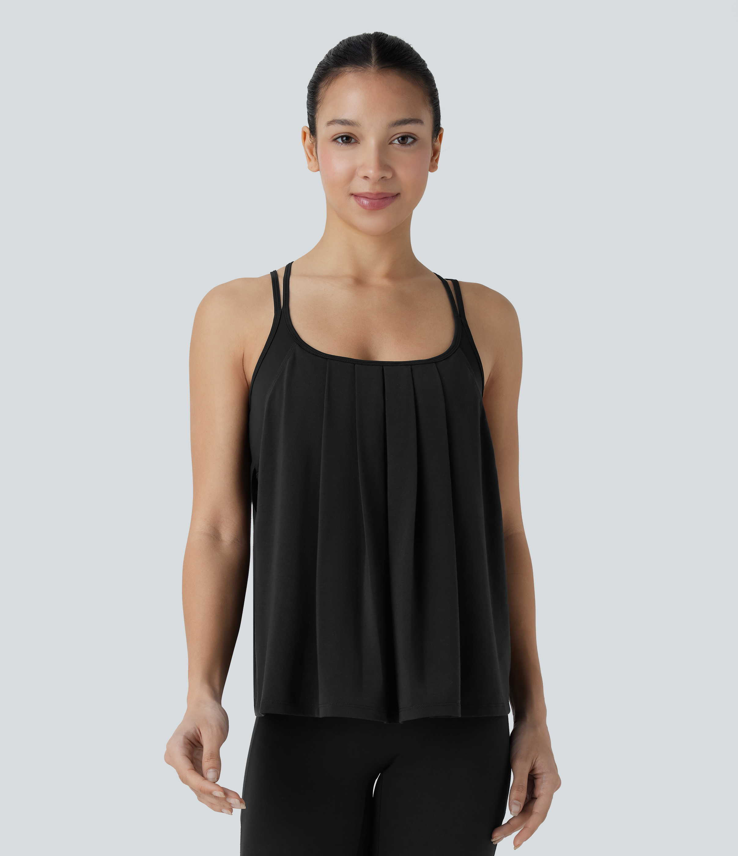 Halara Crisscross Backless Double Straps Pleated Quick Dry Yoga Cami Top Tank Top - Black - M golf tops halter top tunic tops sleeveless tops 
