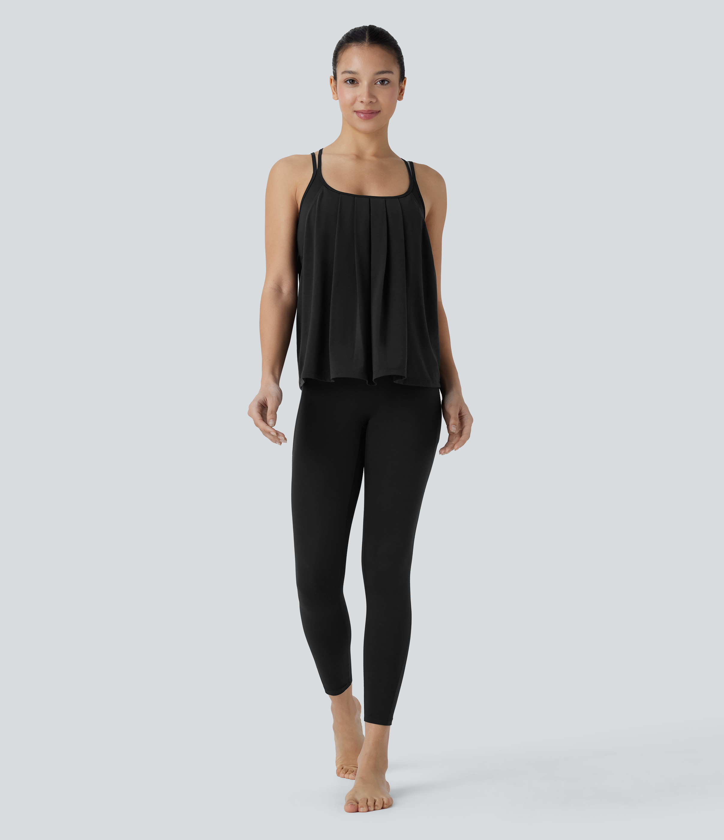 Halara Crisscross Backless Double Straps Pleated Quick Dry Yoga Cami Top Tank Top - Black - M golf tops halter top tunic tops sleeveless tops 