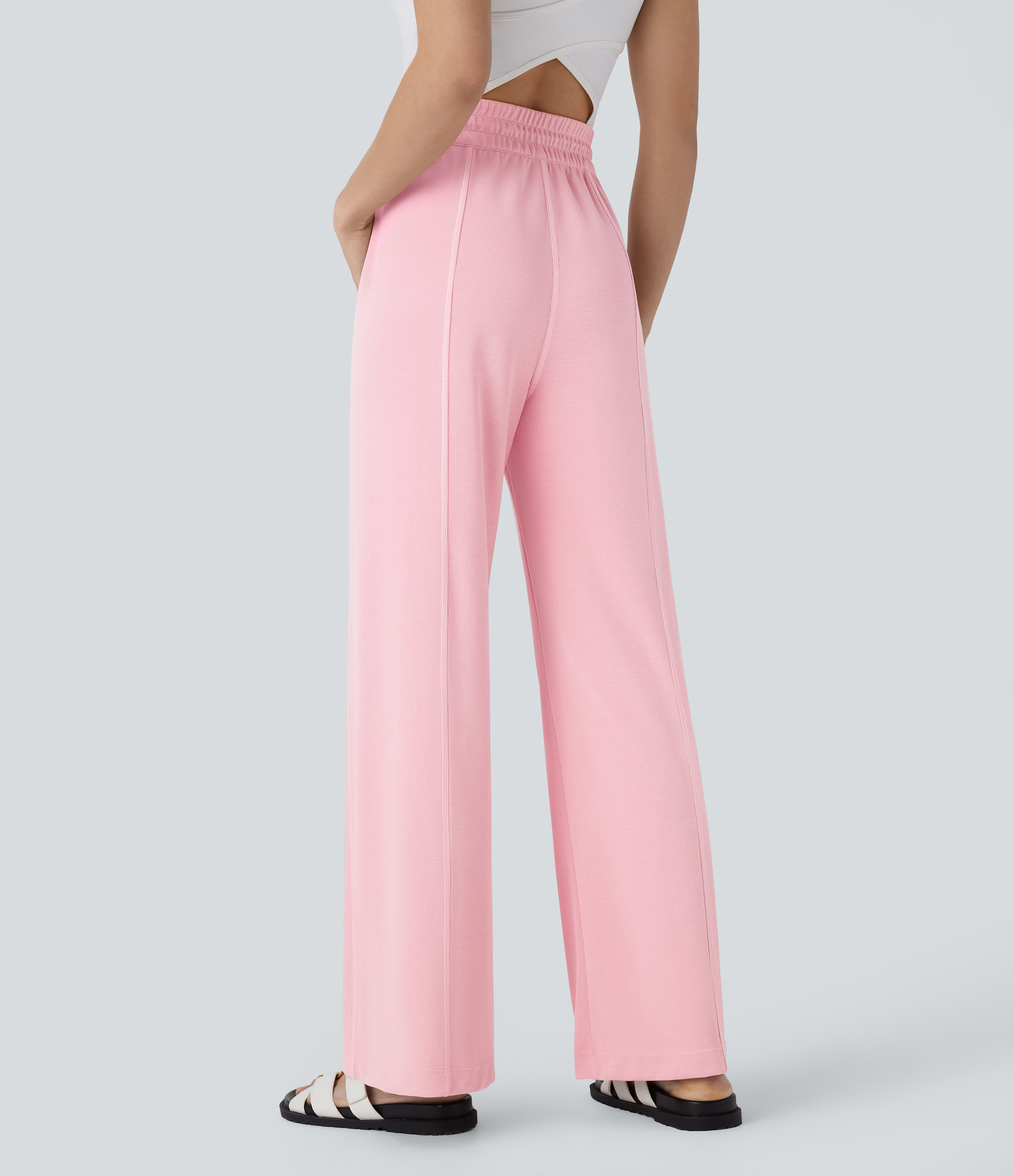 Halara High Waisted Adjustable Drawcord Side Pocket Straight Leg Casual Pants  - Bridal Rose - M(regular) sweatpants jogger pants 