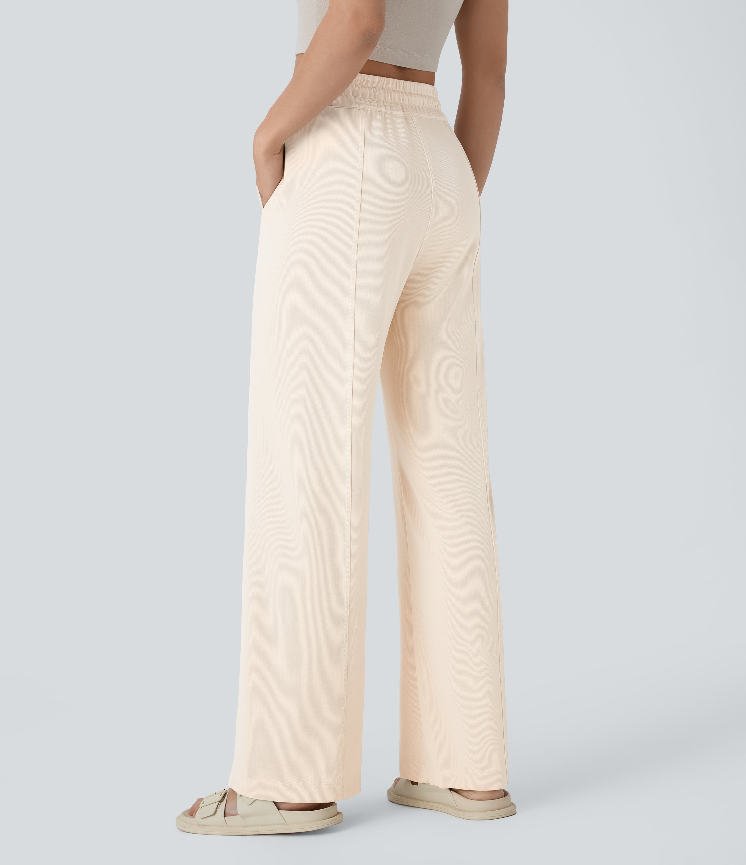 Halara High Waisted Adjustable Drawcord Side Pocket Straight Leg Casual Pants  - Birch - XL(regular) sweatpants jogger pants 