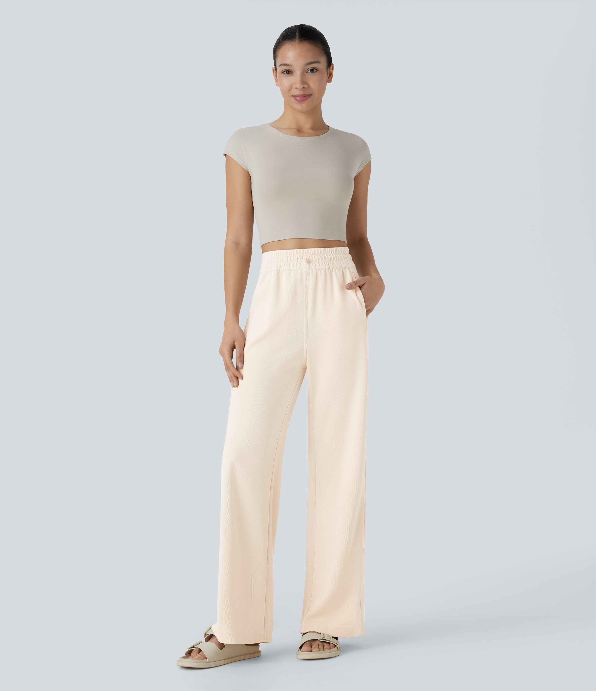 Halara High Waisted Adjustable Drawcord Side Pocket Straight Leg Casual Pants  - Birch - XL(regular) sweatpants jogger pants 