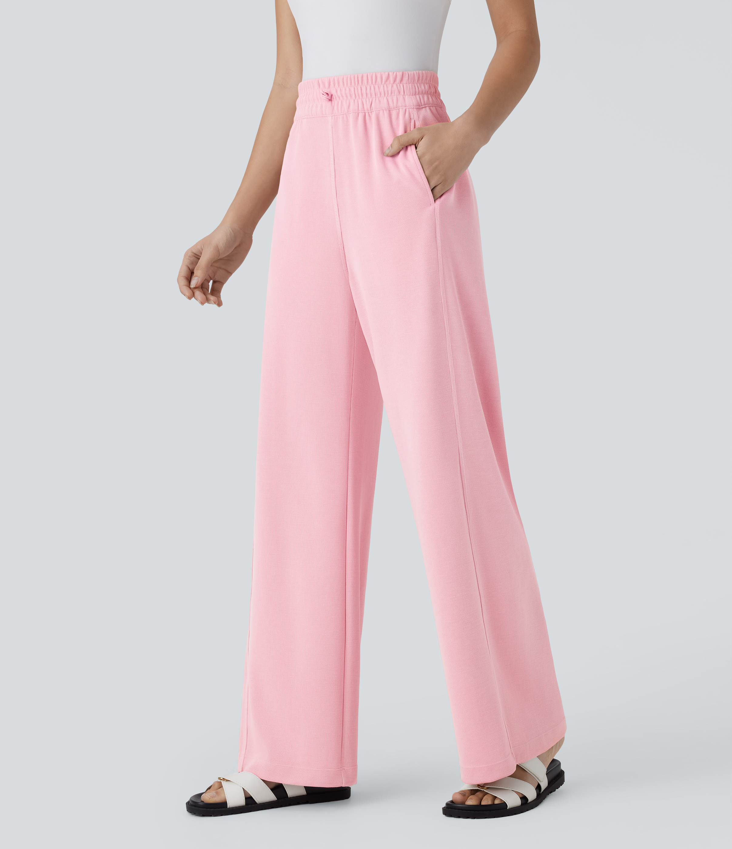 Halara High Waisted Adjustable Drawcord Side Pocket Straight Leg Casual Pants  - Bridal Rose - M(regular) sweatpants jogger pants 