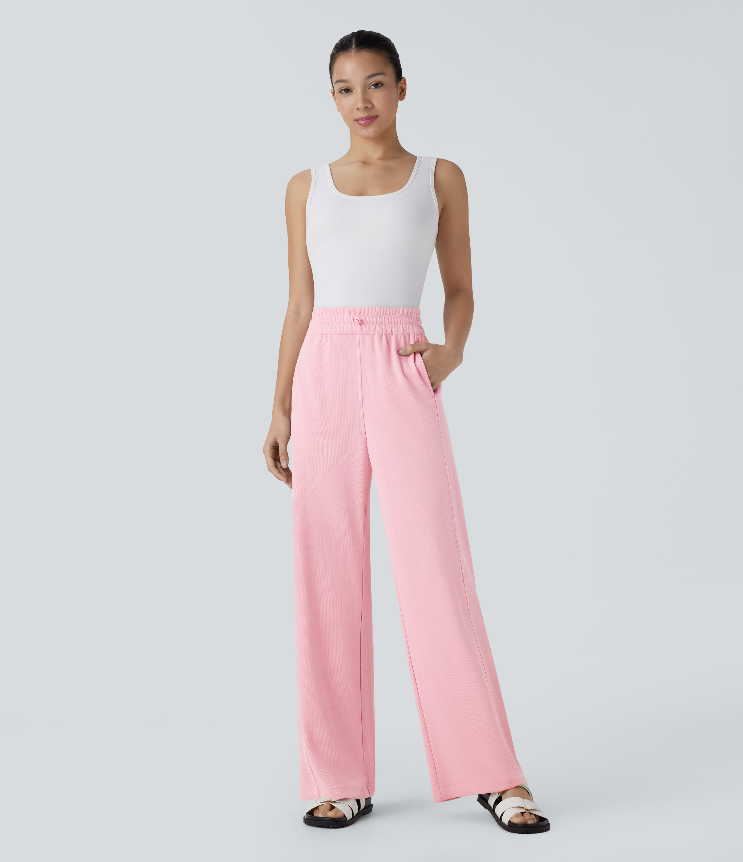 Halara High Waisted Adjustable Drawcord Side Pocket Straight Leg Casual Pants  - Bridal Rose - M(regular) sweatpants jogger pants 