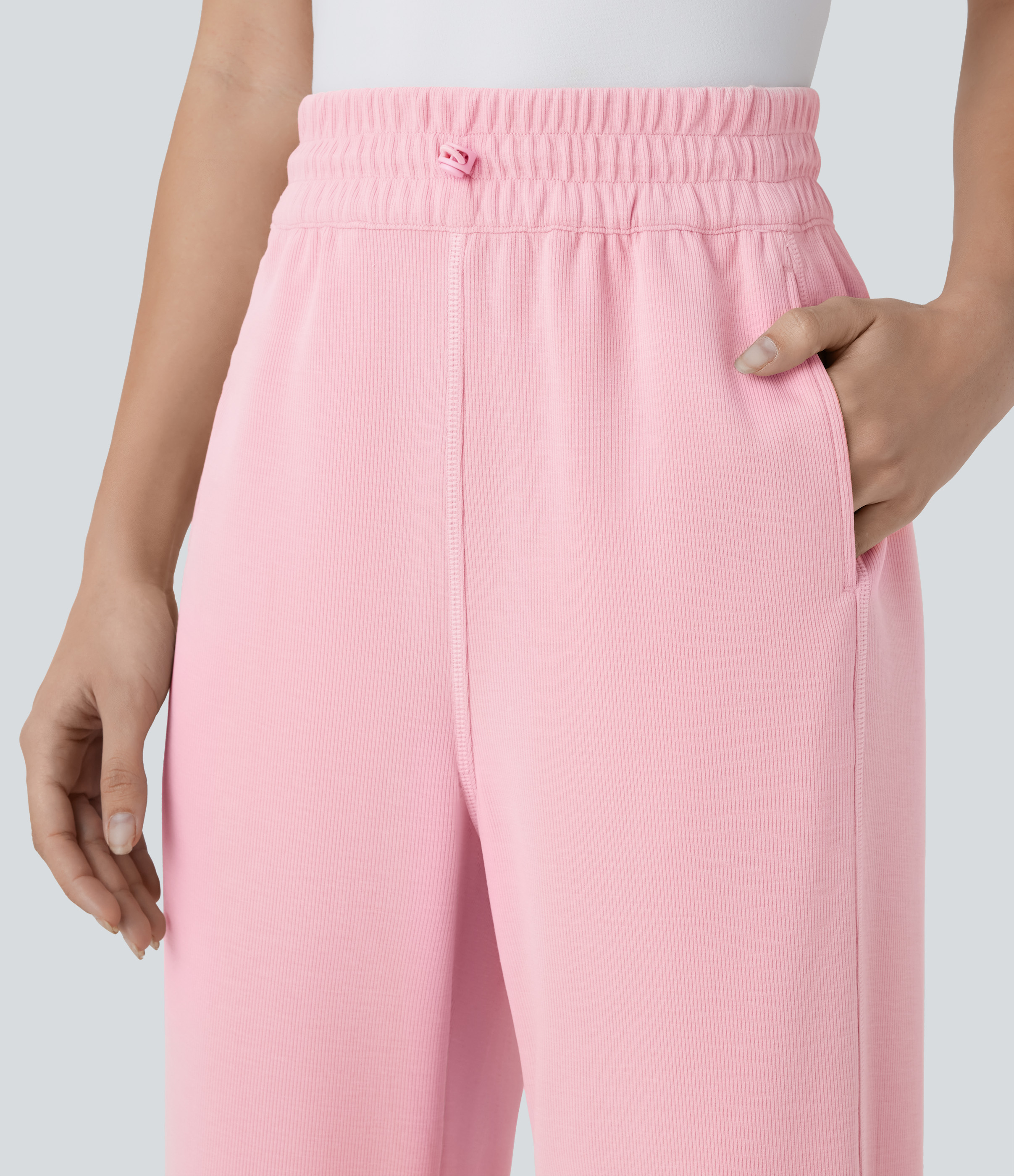 Halara High Waisted Adjustable Drawcord Side Pocket Straight Leg Casual Pants  - Bridal Rose - M(regular) sweatpants jogger pants 