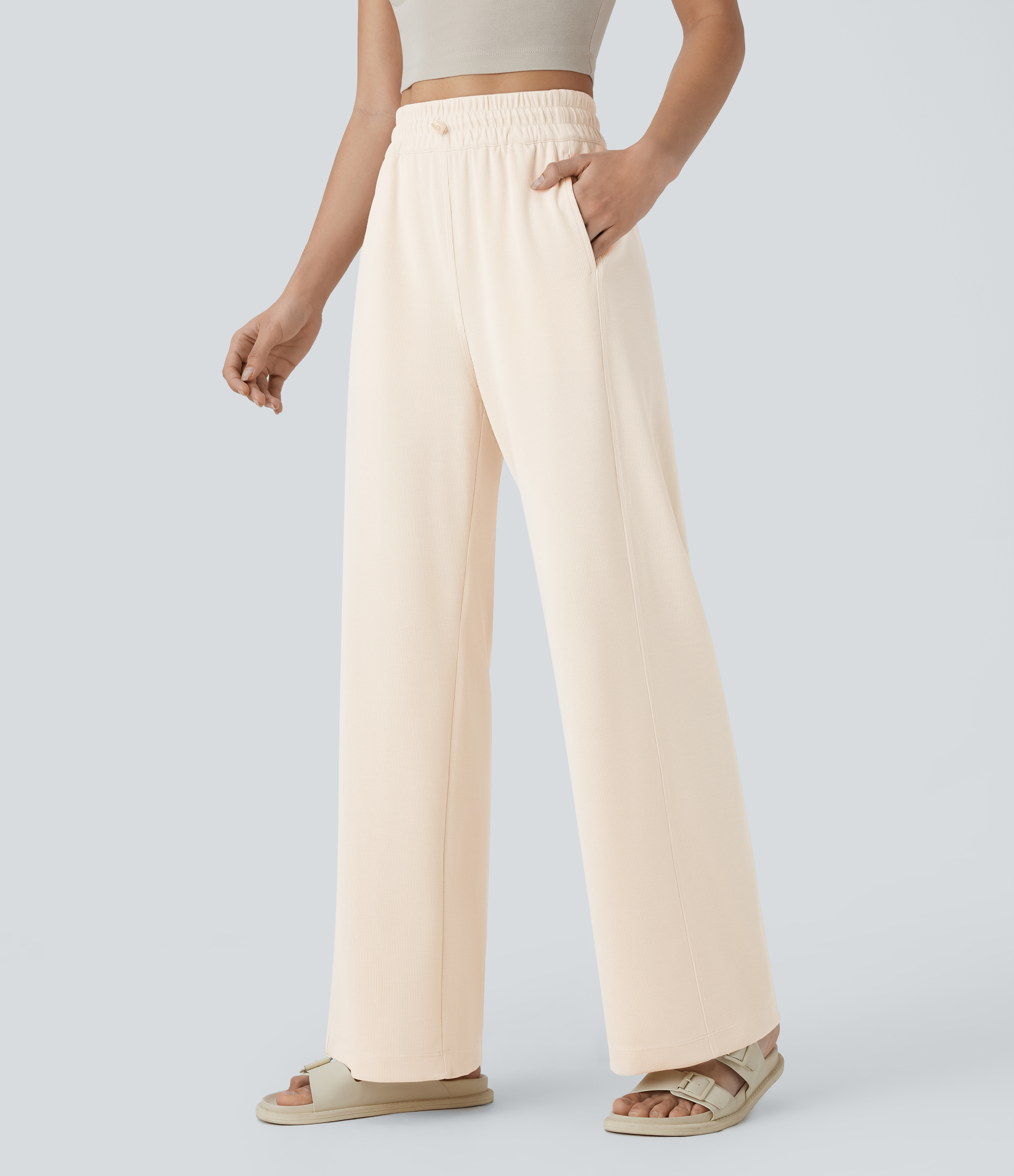 Halara High Waisted Adjustable Drawcord Side Pocket Straight Leg Casual Pants  - Birch - XL(regular) sweatpants jogger pants 