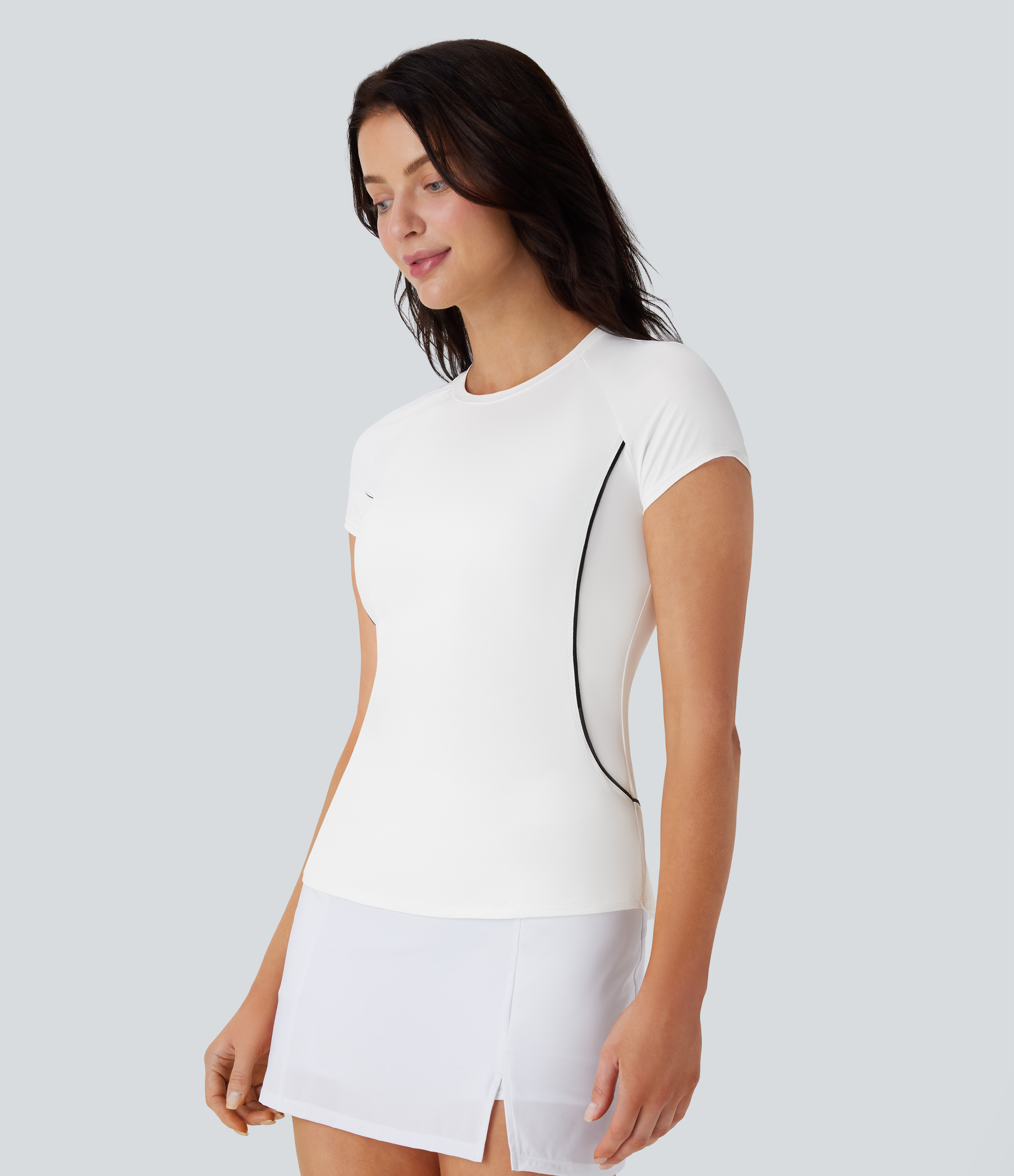 Halara Lightweight Raglan Sleeve Color Block Tape Curved Hem Slim Golf Sports Top  - White - XL 