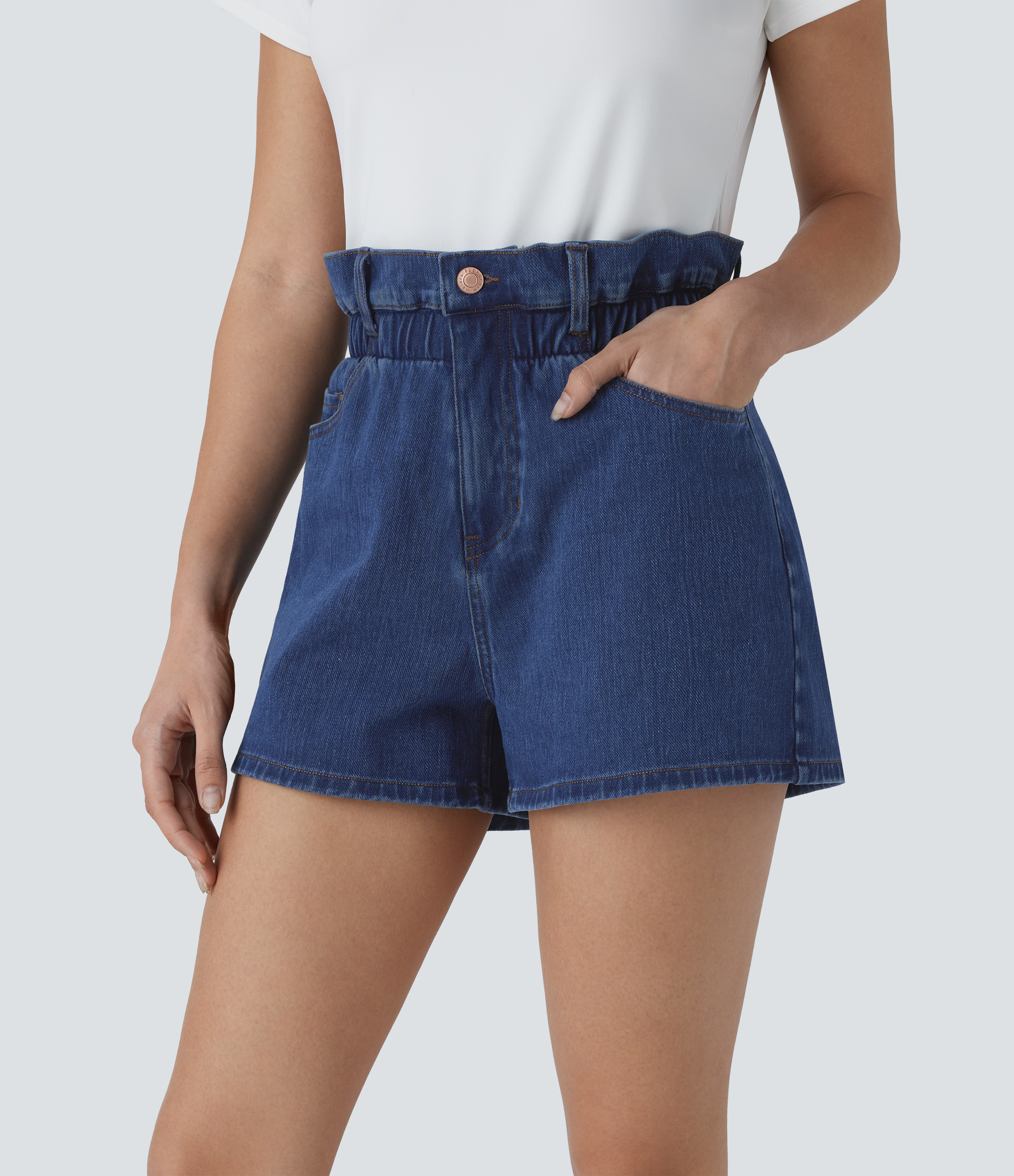 Halara Flex™ Paperbag Super High Waisted Pockets Washed Denim Casual Shorts