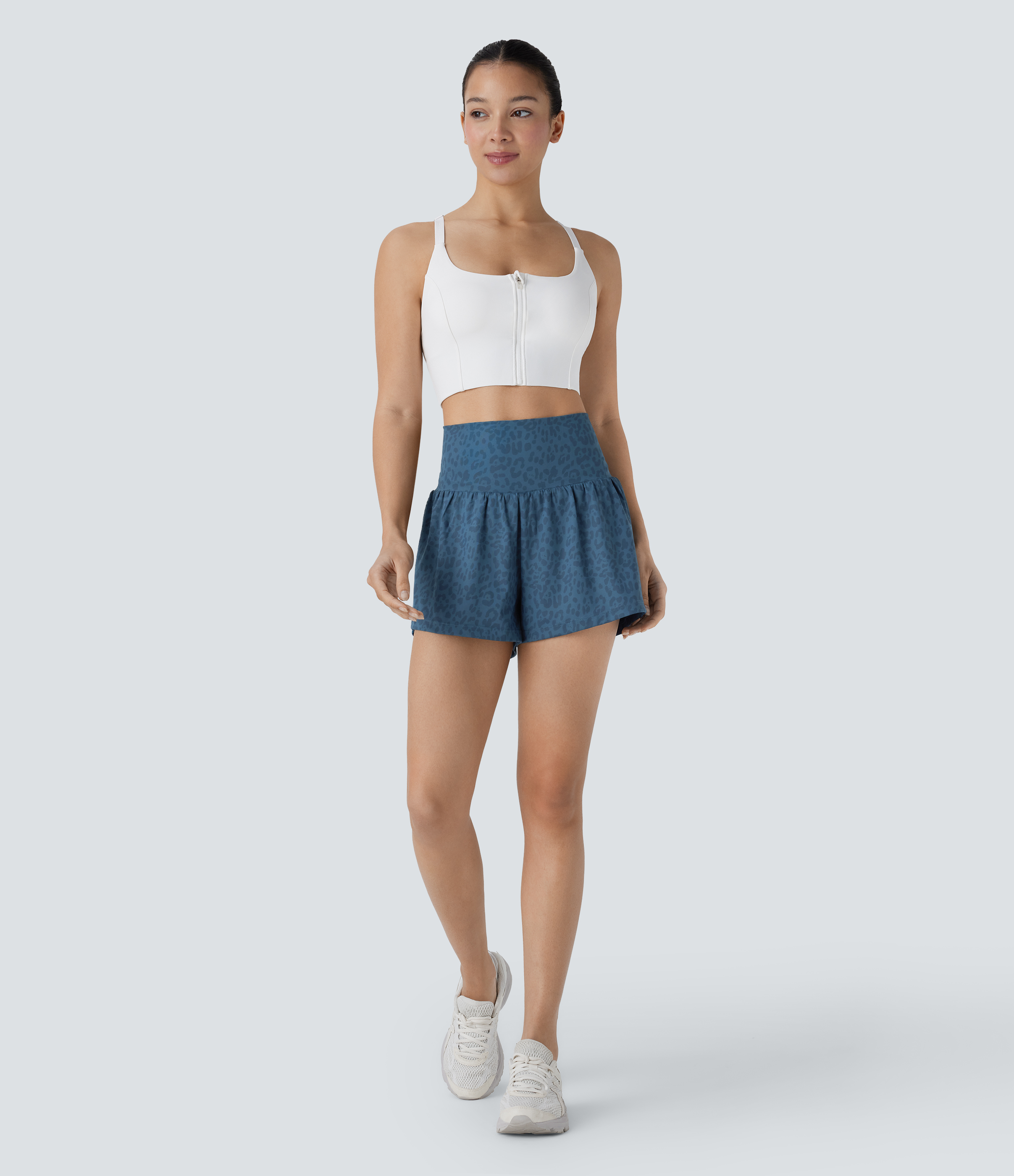 Halara Super High Waisted Back Pocket & Side Hidden Pocket 2-in-1 Leopard Print Yoga Shorts Gym Short - Lake Blue Leopard Print - S 