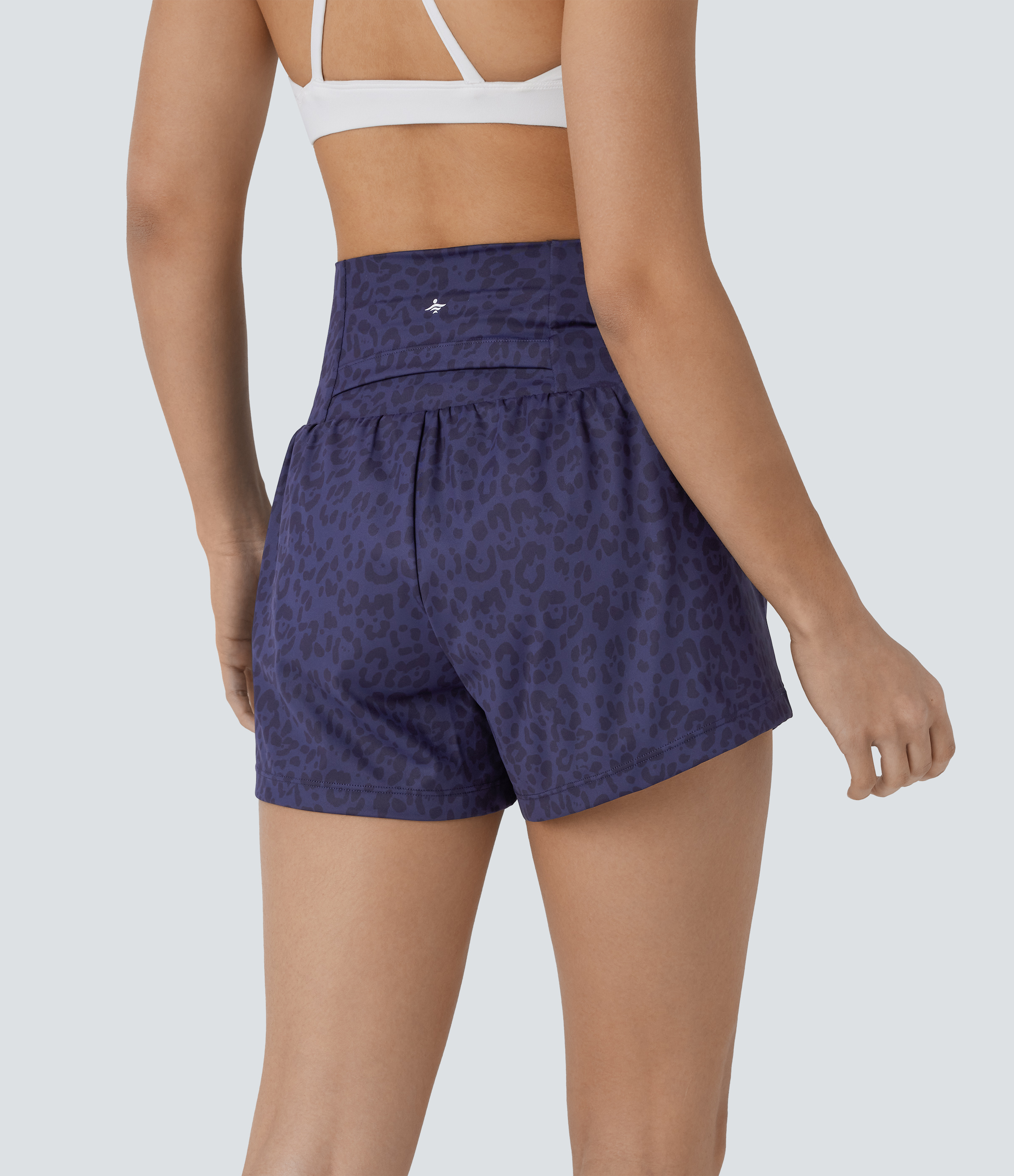 Halara Super High Waisted Back Pocket & Side Hidden Pocket 2-in-1 Leopard Print Yoga Shorts Gym Short - Dark Blue Leopard Print - XL 