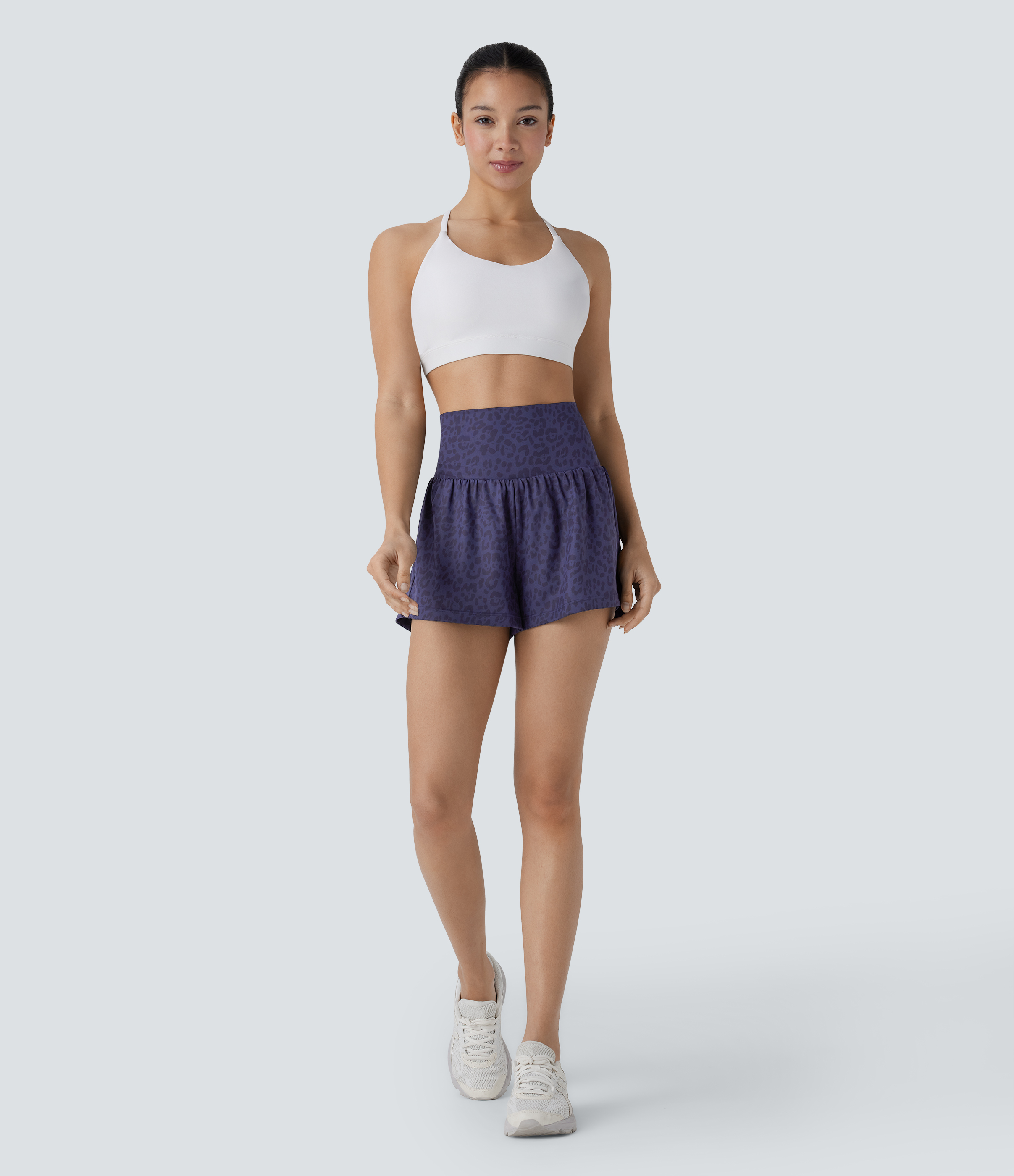 Halara Super High Waisted Back Pocket & Side Hidden Pocket 2-in-1 Leopard Print Yoga Shorts Gym Short - Dark Blue Leopard Print - XL 