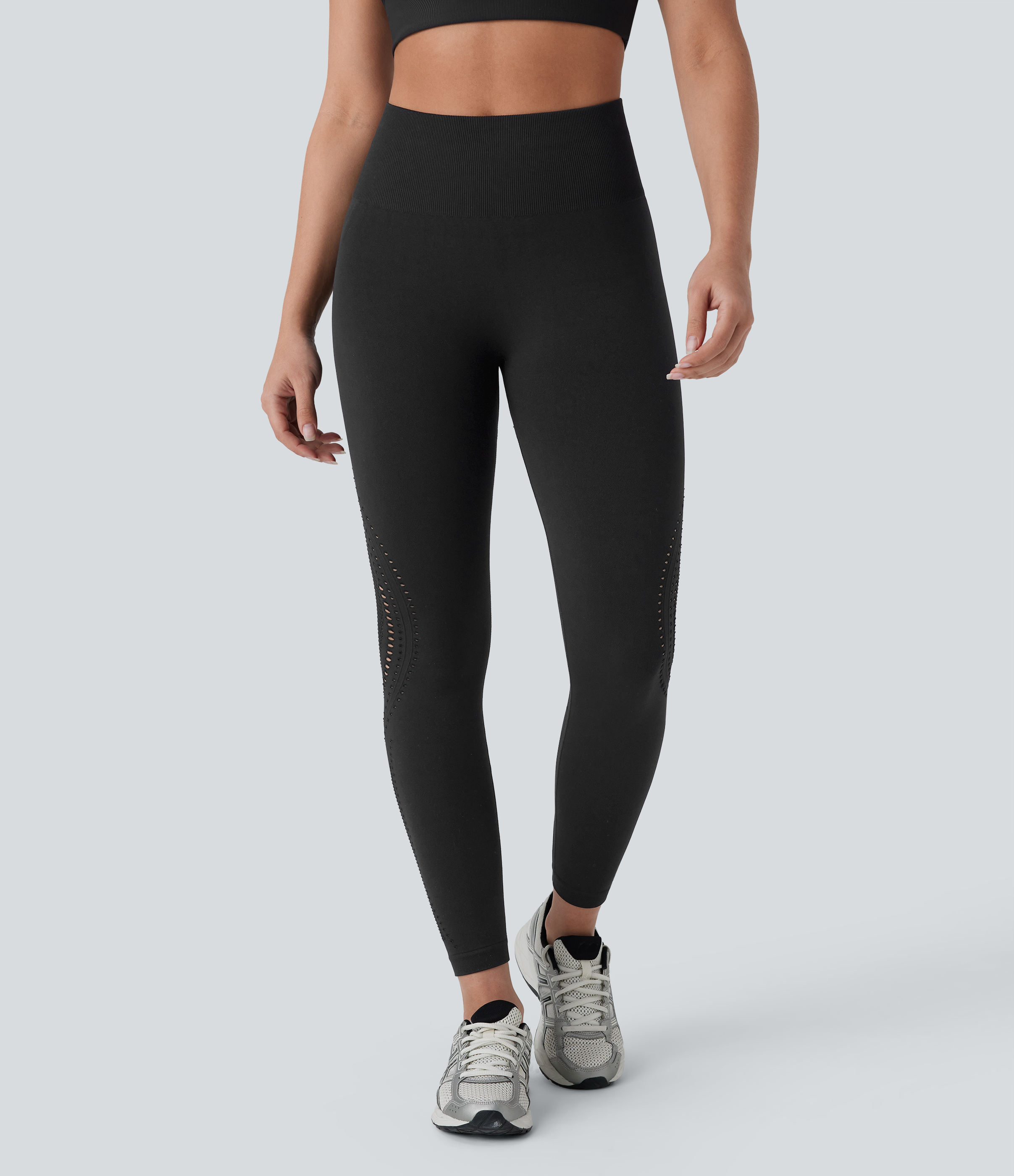 Halara Seamless Flow High Waisted Perforated 7/8 Yoga Leggings  - Black - M(7/8) gym leggings leggings with pockets leggings with butt lift 
