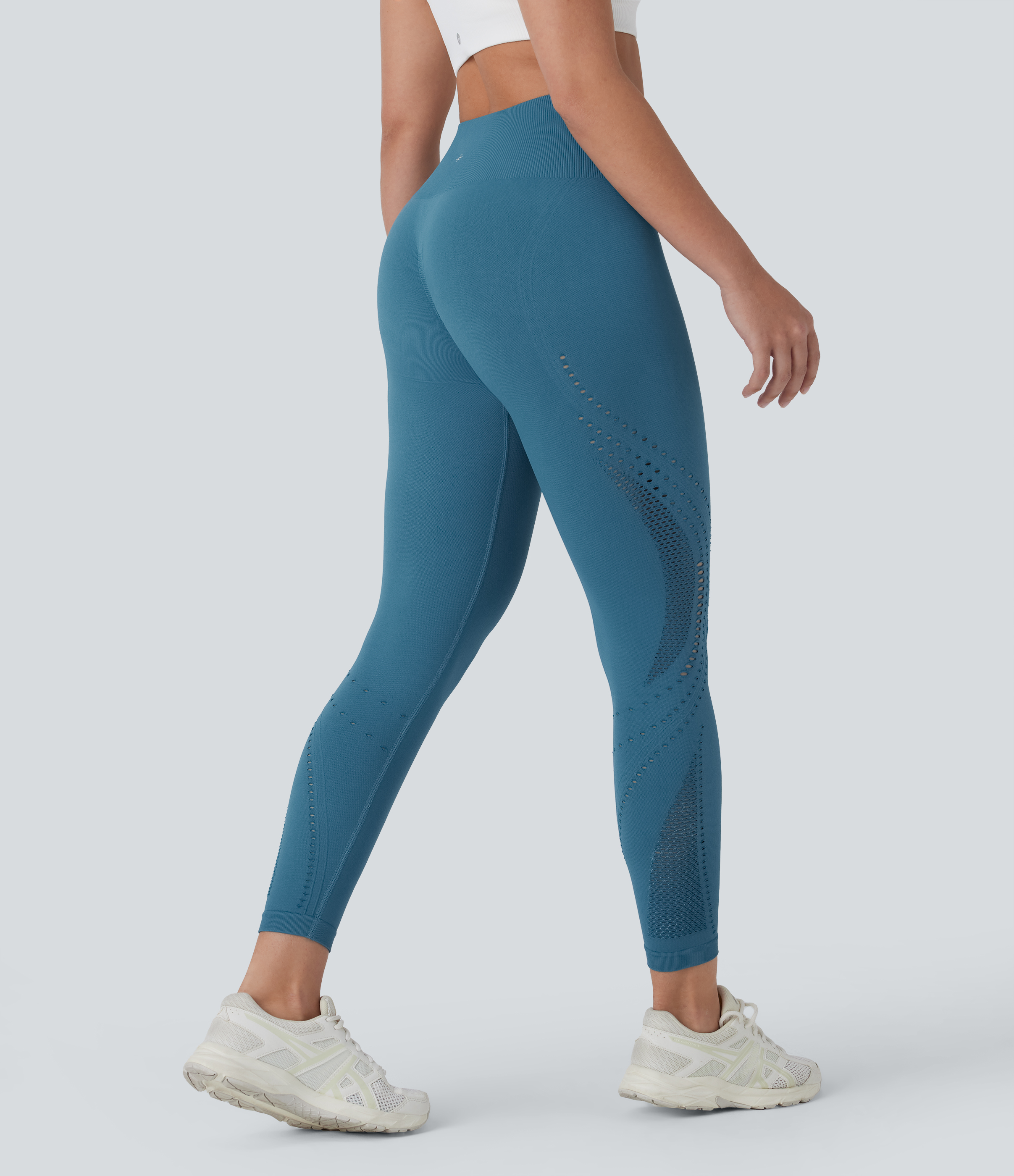 Halara Seamless Flow High Waisted Perforated 7/8 Yoga Leggings  - Bluesteel - XS(7/8) gym leggings leggings with pockets 