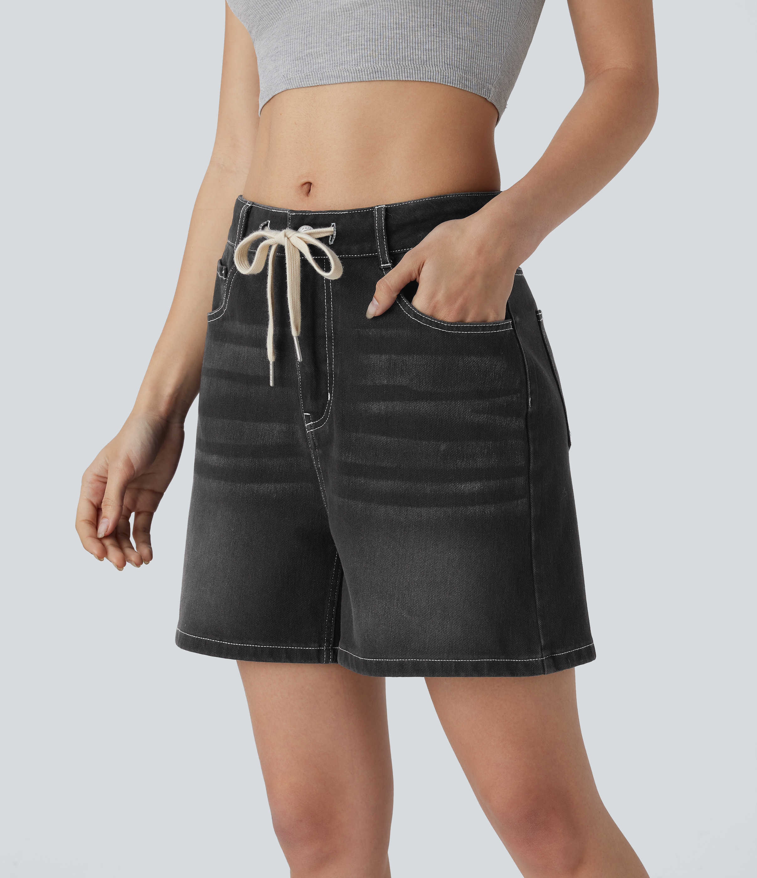 Dirty Black Denim Pantalón corto Halara Flex™ Denim mezclilla elástico lavado múltiple bolsillo cordón tiro medio / 2