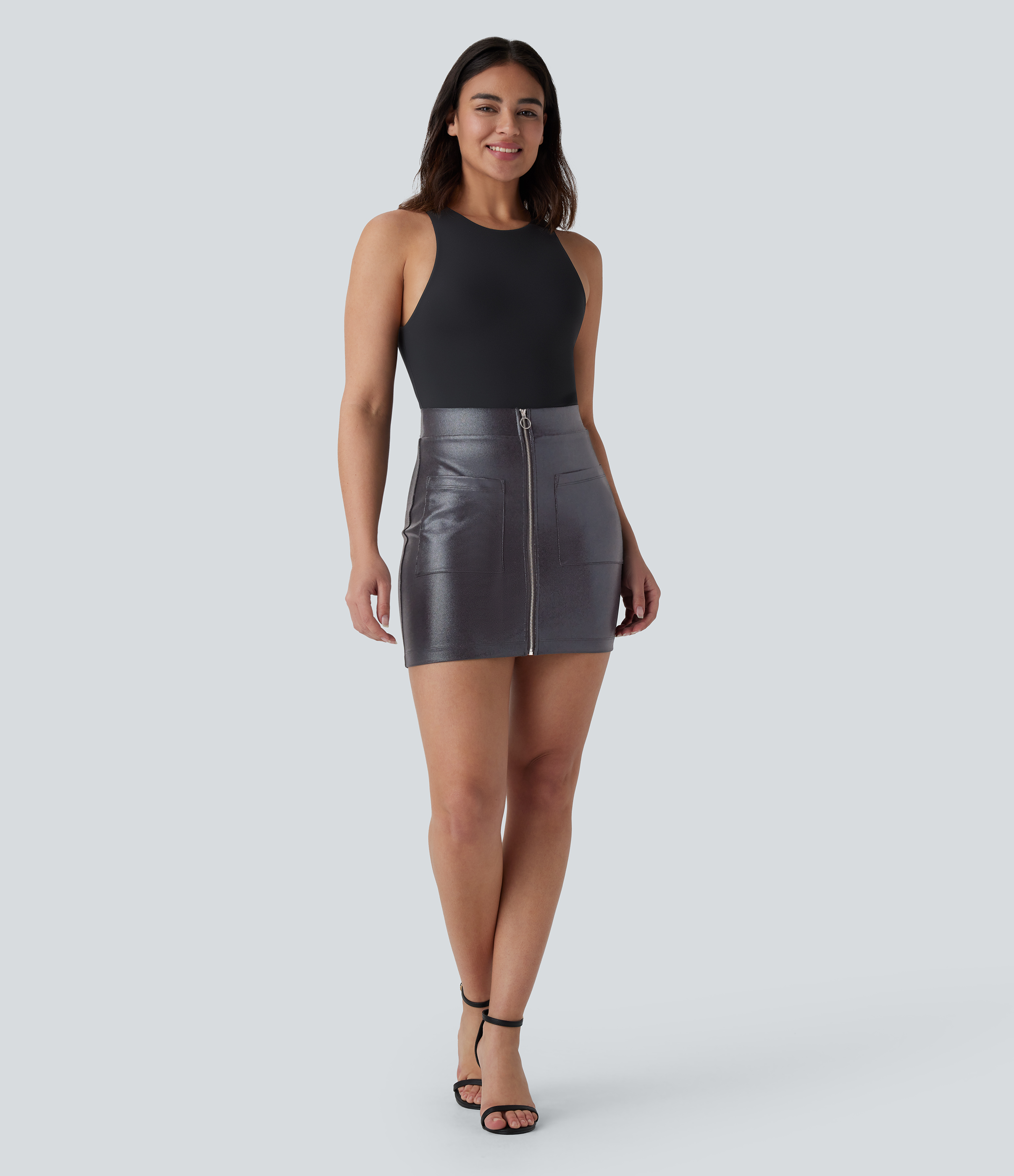 Halara Softlyzeroв„ў Faux Leather High Waisted Zipper Front Side Pocket Bodycon Metallic Foil Print Stretchy Mini Casual Skirt  - Shiny Dusk Black - XS(regular) 