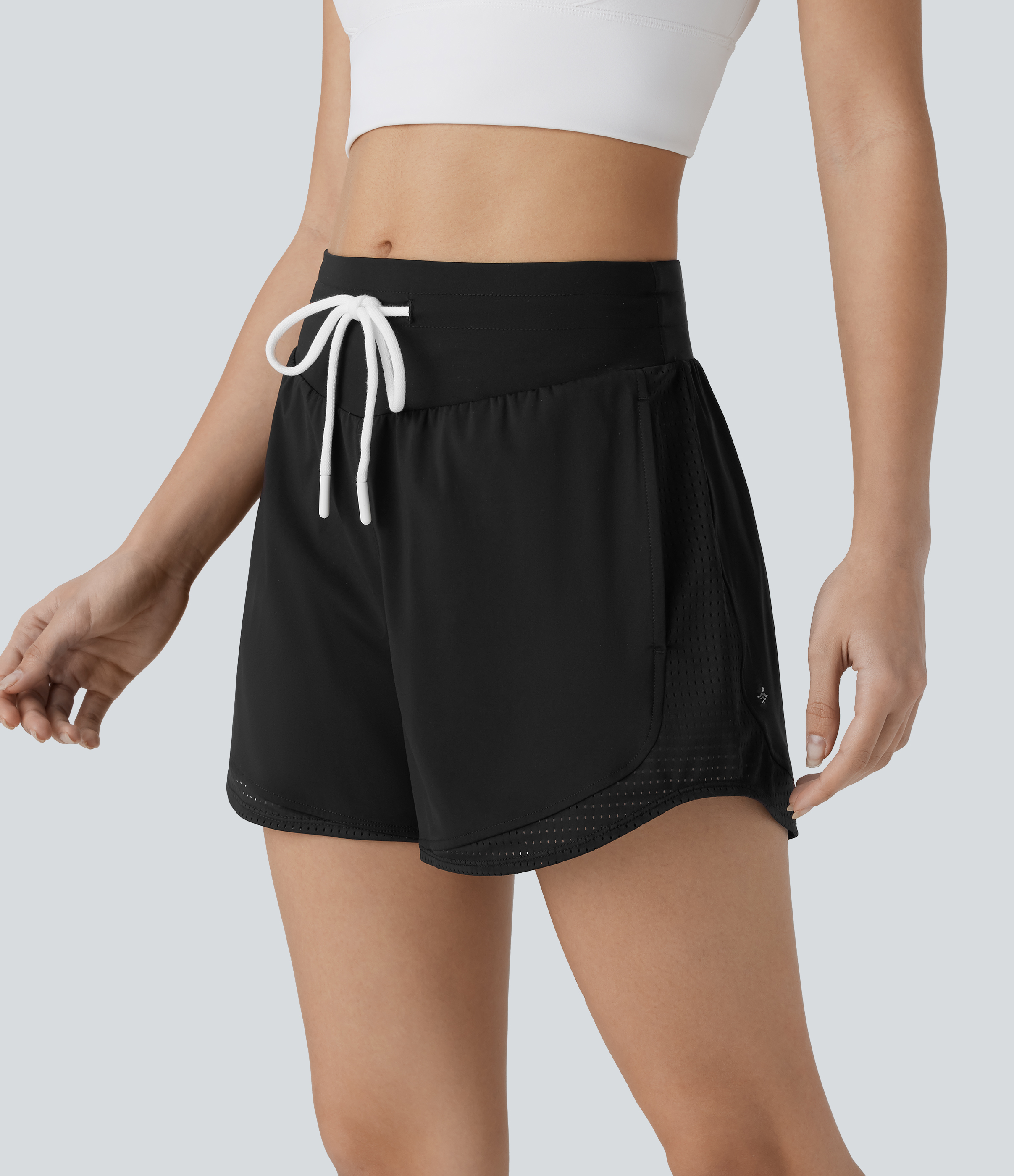 Halara High Waisted Drawstring Side Pocket Cut Out Curved Hem Quick Dry Running Shorts 3`` Gym Short - Black - XS booty shorts 