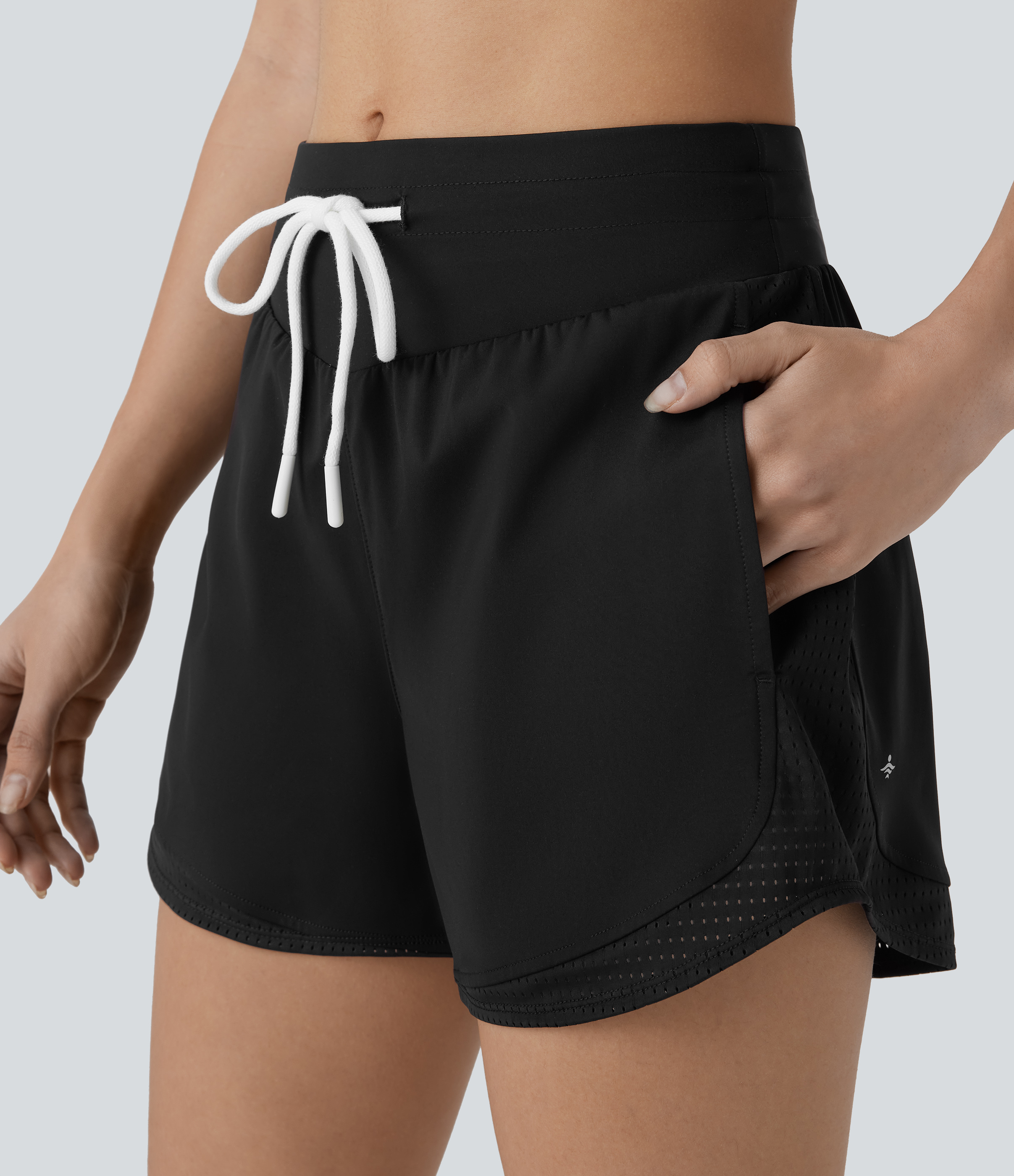 Halara High Waisted Drawstring Side Pocket Cut Out Curved Hem Quick Dry Running Shorts 3`` Gym Short - Black - XS booty shorts 