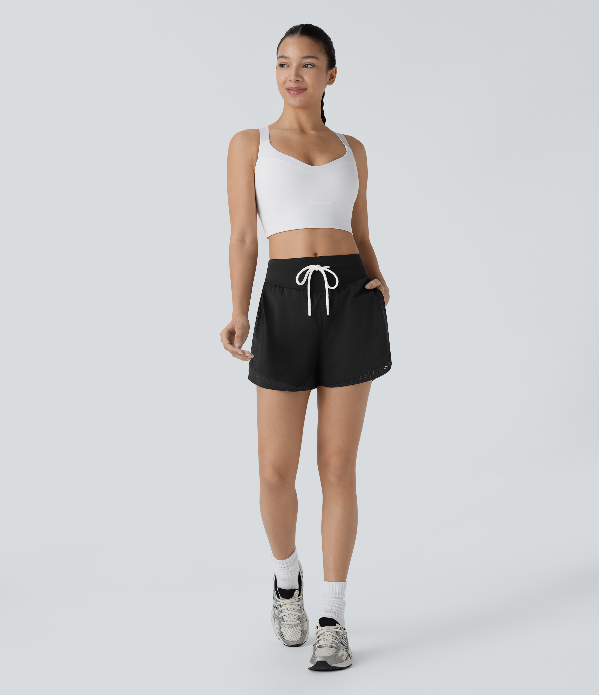 Halara High Waisted Drawstring Side Pocket Cut Out Curved Hem Quick Dry Running Shorts 3`` Gym Short - Black - XS booty shorts 