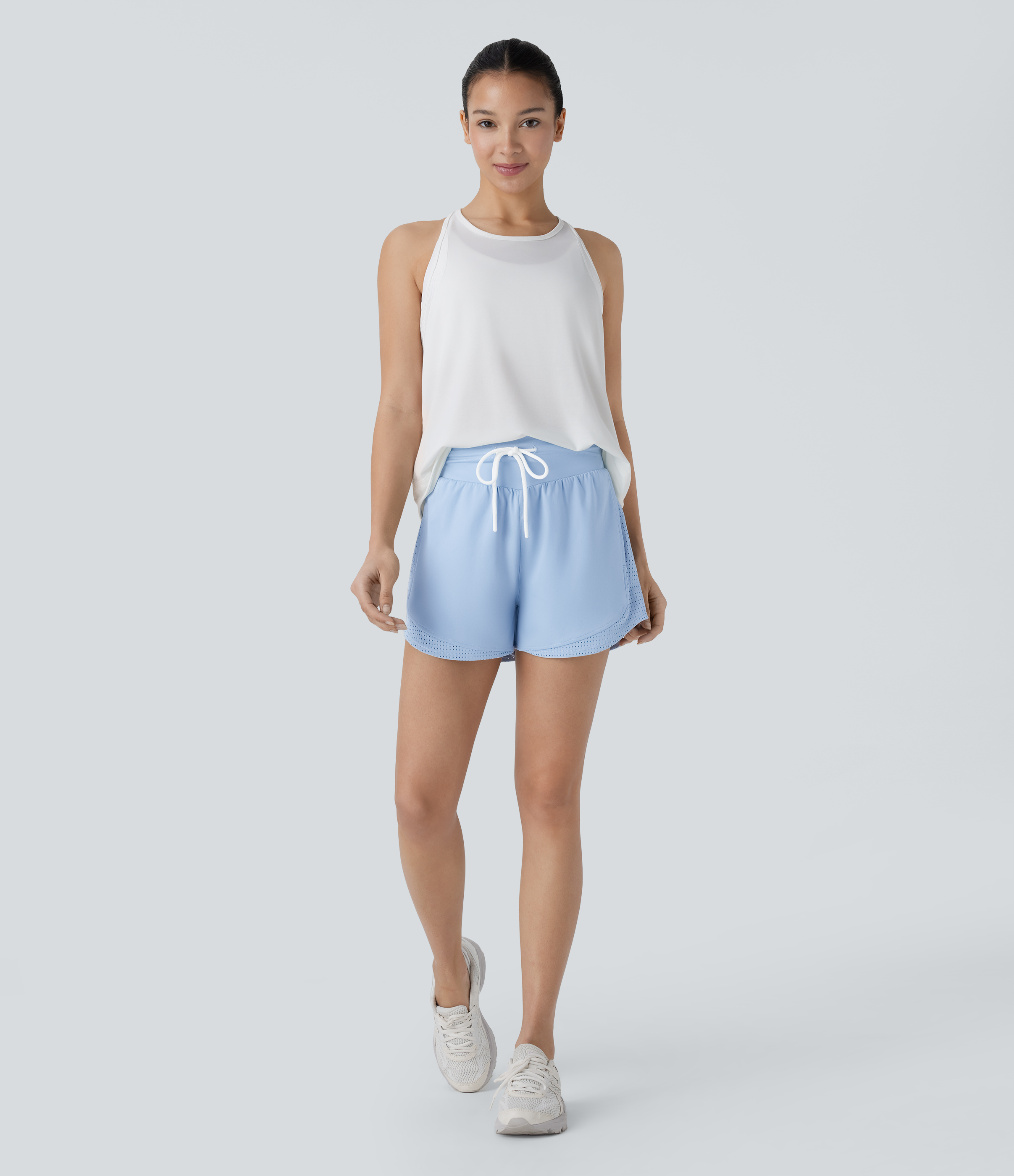 Halara High Waisted Drawstring Side Pocket Cut Out Curved Hem Quick Dry Running Shorts 3`` Gym Short - Sky Blue - XL booty shorts 