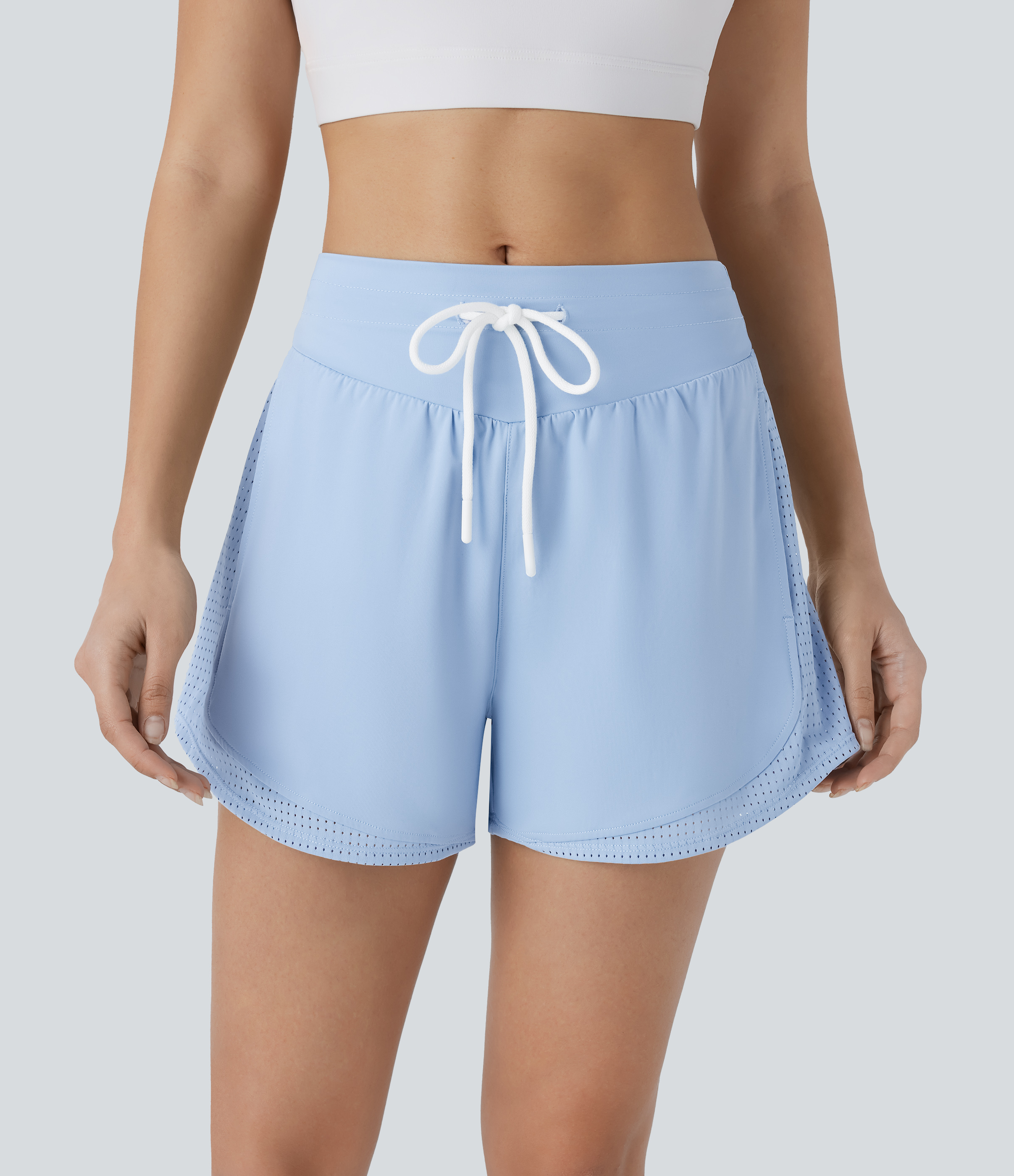 Halara High Waisted Drawstring Side Pocket Cut Out Curved Hem Quick Dry Running Shorts 3`` Gym Short - Sky Blue - XL booty shorts 