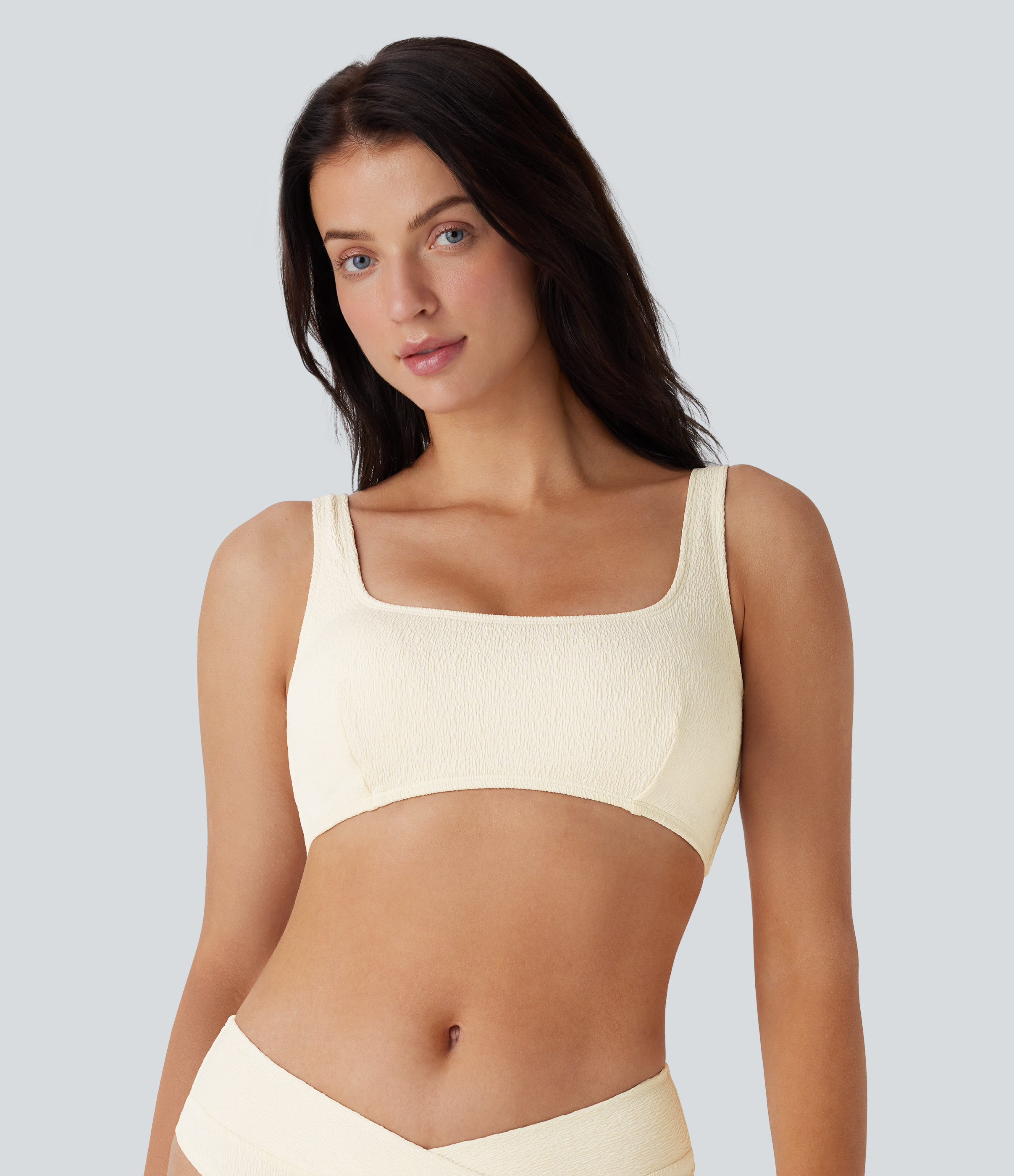 Traje baño bikini superior texturizada cuello cuadrado sin espalda